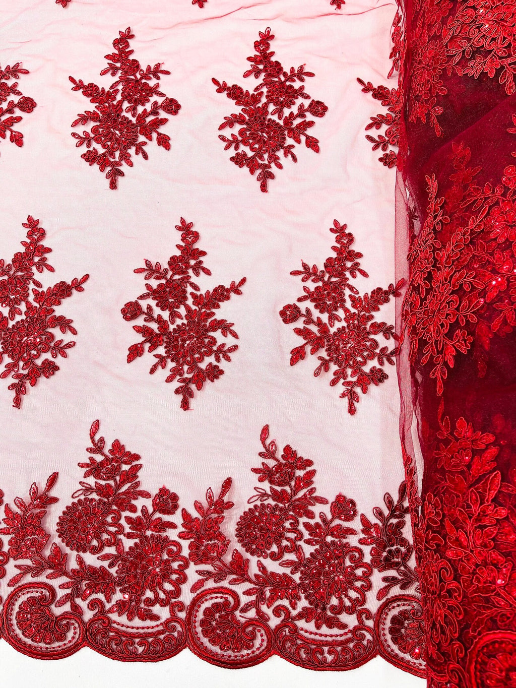 Corded Lace with Embroidery and Sequin on Mesh Fabric By The Yard. Burgundy
