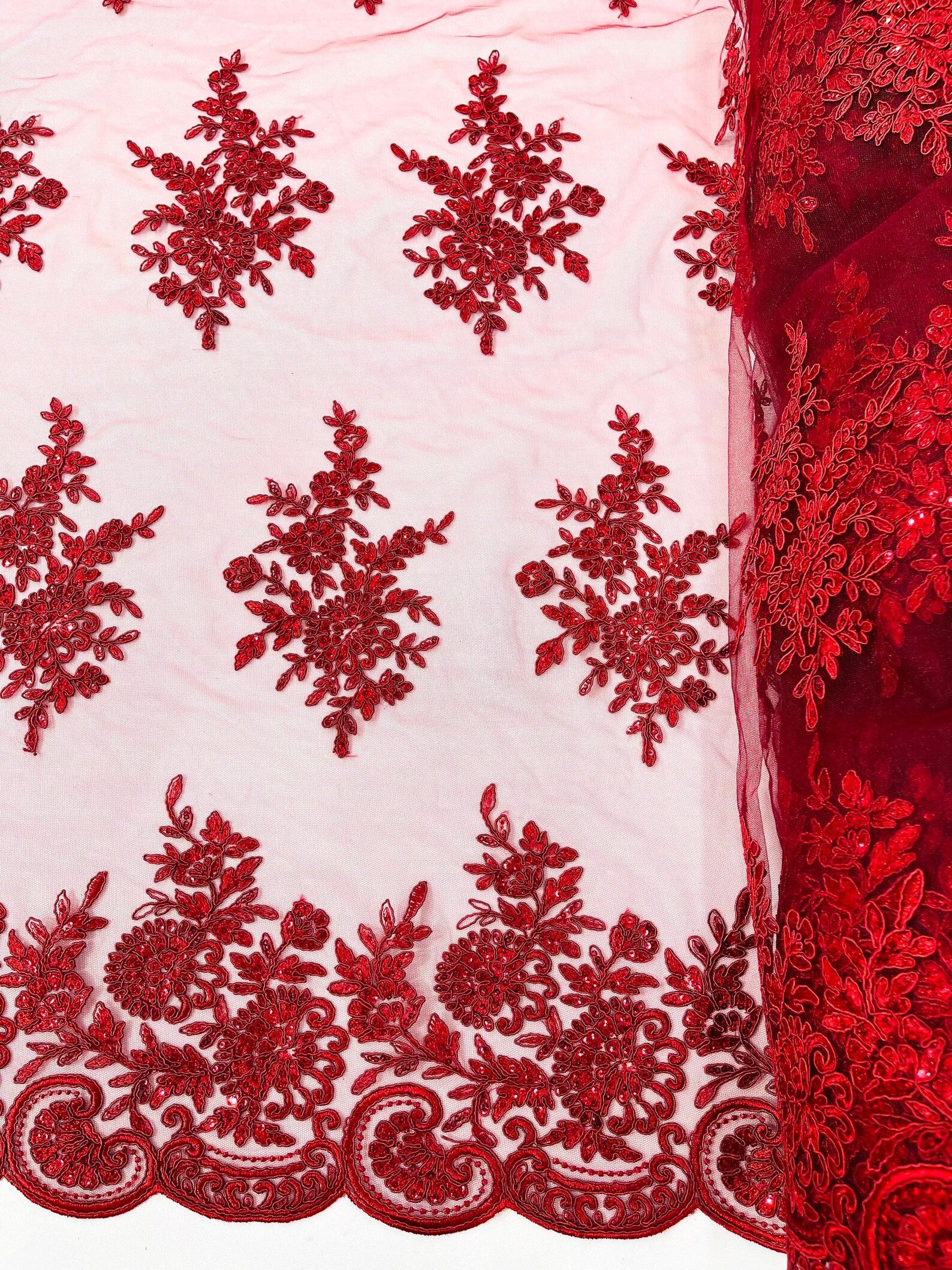 Corded Lace with Embroidery and Sequin on Mesh Fabric By The Yard. Burgundy