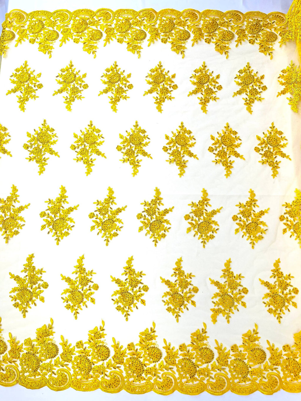 Corded Lace with Embroidery and Sequin on Mesh Fabric By The Yard. Yellow