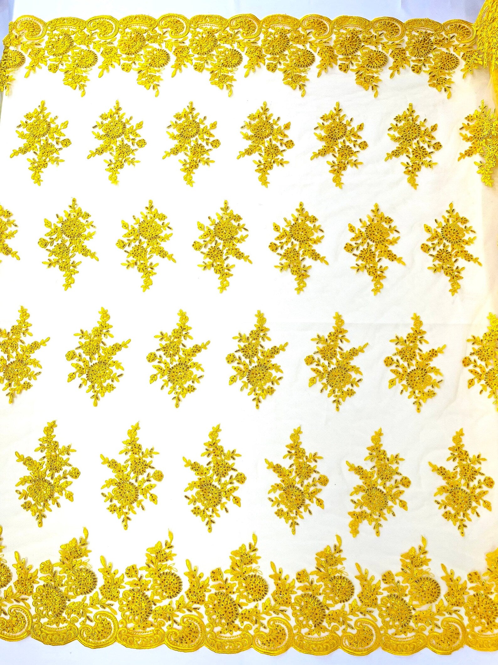 Corded Lace with Embroidery and Sequin on Mesh Fabric By The Yard. Yellow