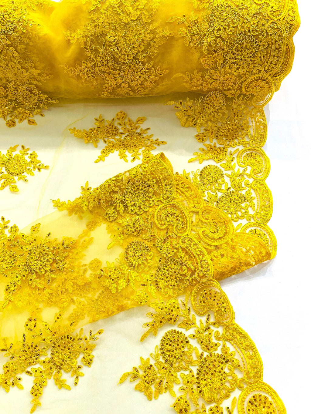 Corded Lace with Embroidery and Sequin on Mesh Fabric By The Yard. Yellow