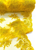 Corded Lace with Embroidery and Sequin on Mesh Fabric By The Yard. Yellow