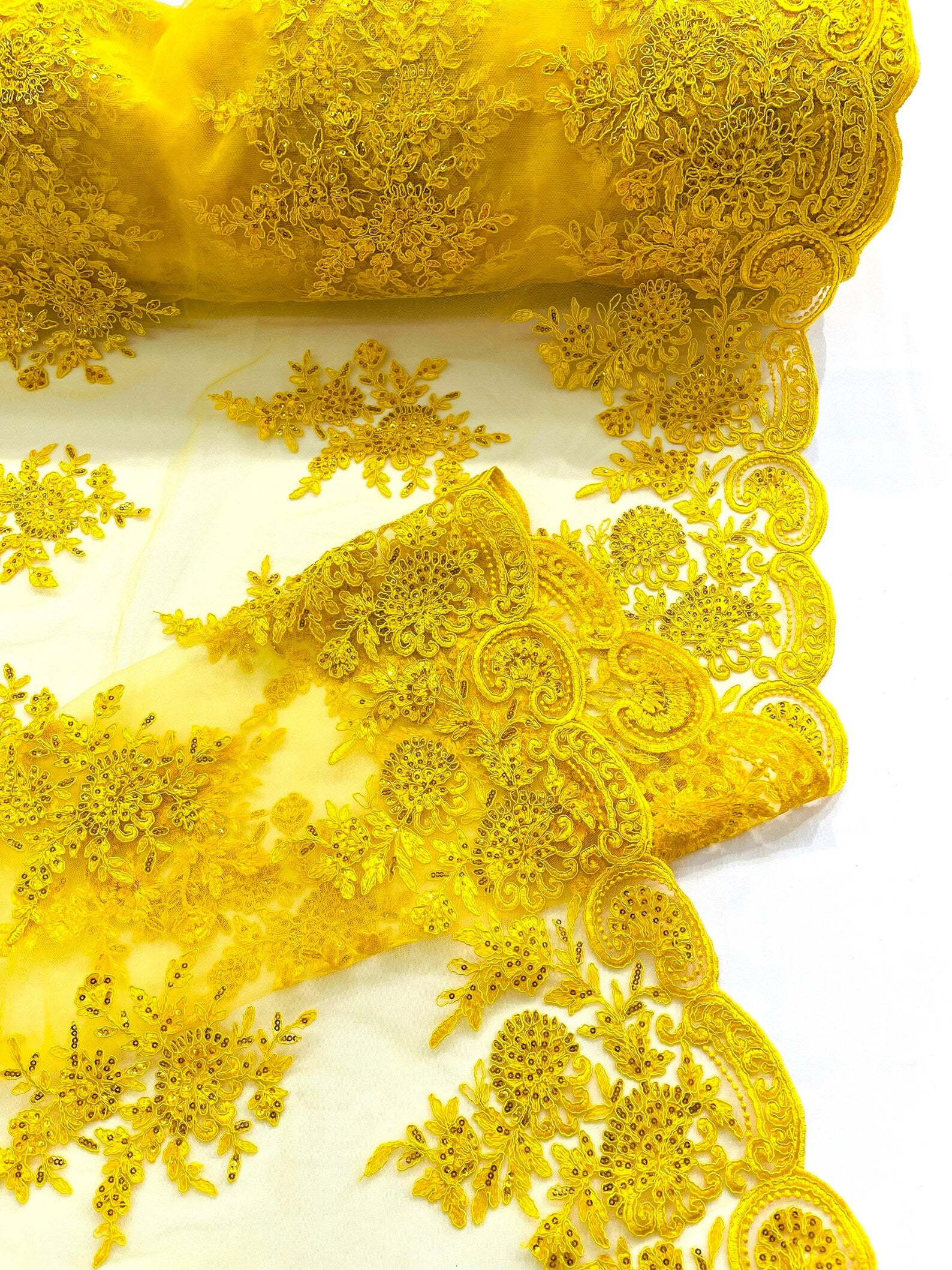 Corded Lace with Embroidery and Sequin on Mesh Fabric By The Yard. Yellow