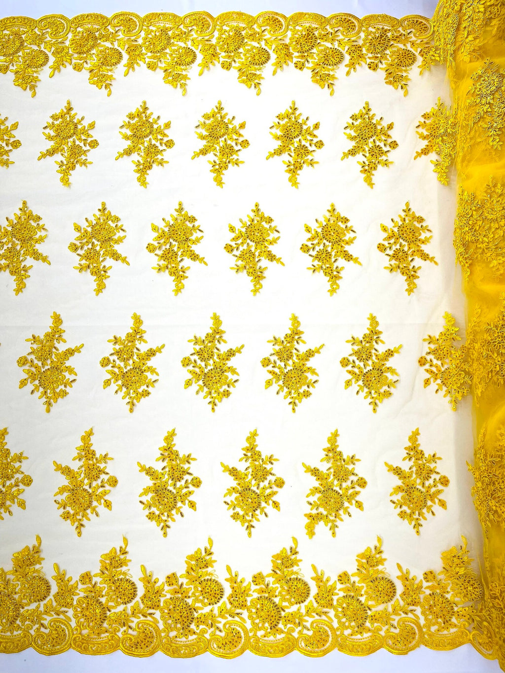 Corded Lace with Embroidery and Sequin on Mesh Fabric By The Yard. Yellow