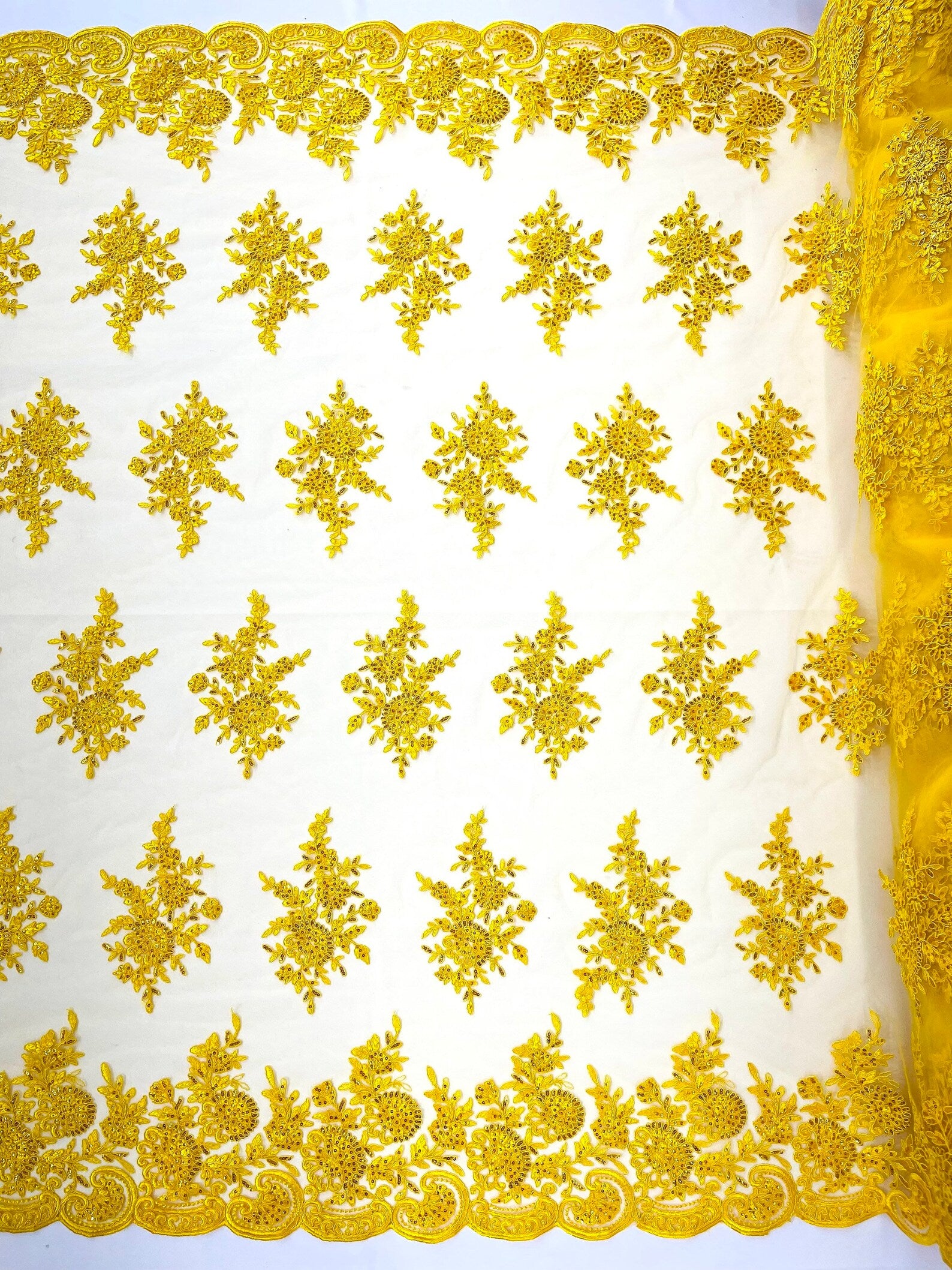 Corded Lace with Embroidery and Sequin on Mesh Fabric By The Yard. Yellow