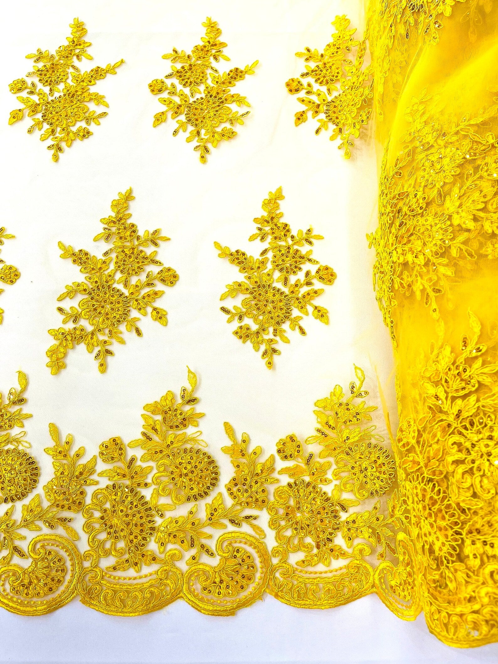 Corded Lace with Embroidery and Sequin on Mesh Fabric By The Yard. Yellow
