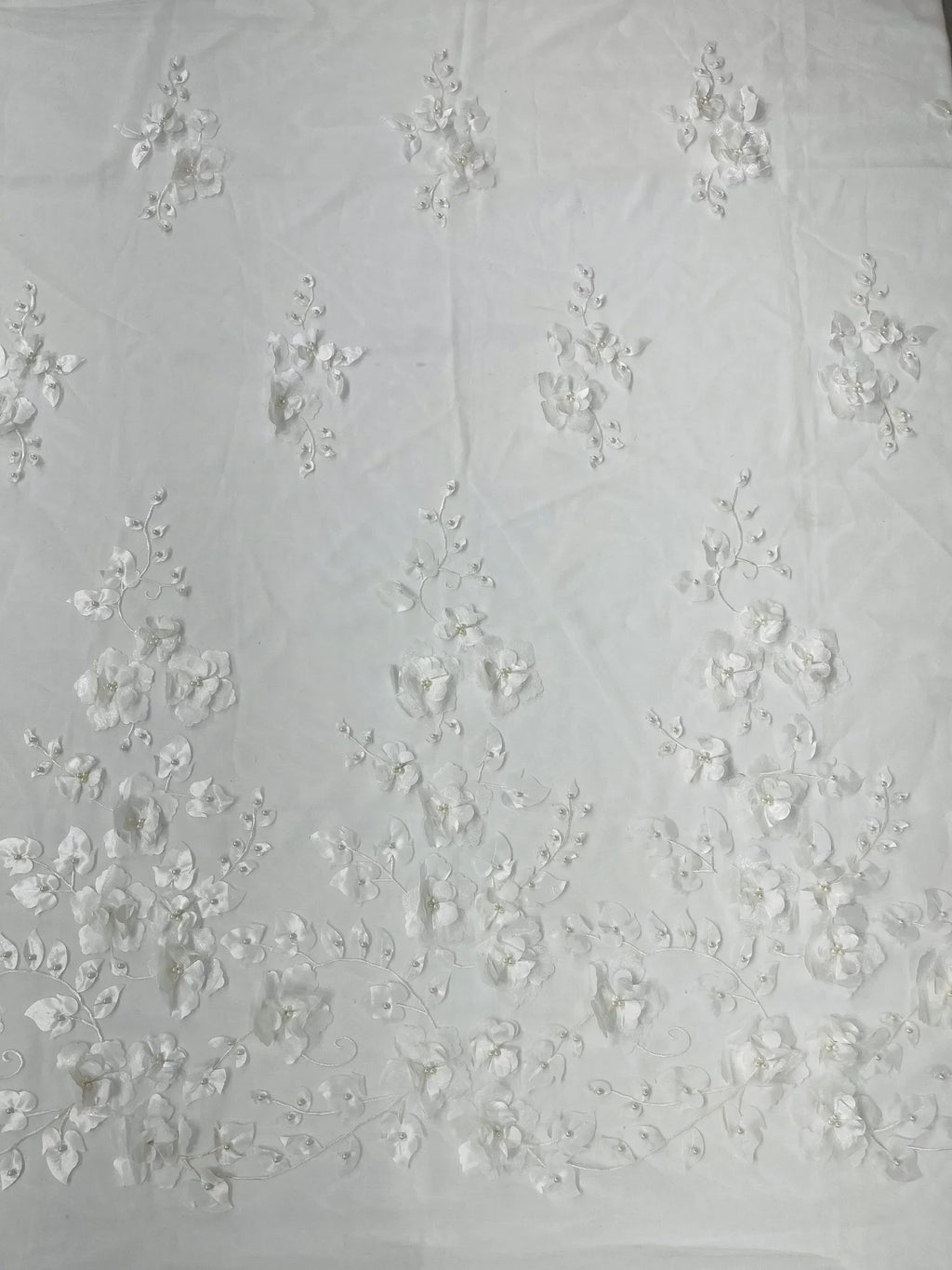 IVORY  - 3D Floral Design Embroider and Beaded With Rhinestones On a Mesh Lace. Sold By The Yard. - For Bridal Weddings Prom & Quinceanera