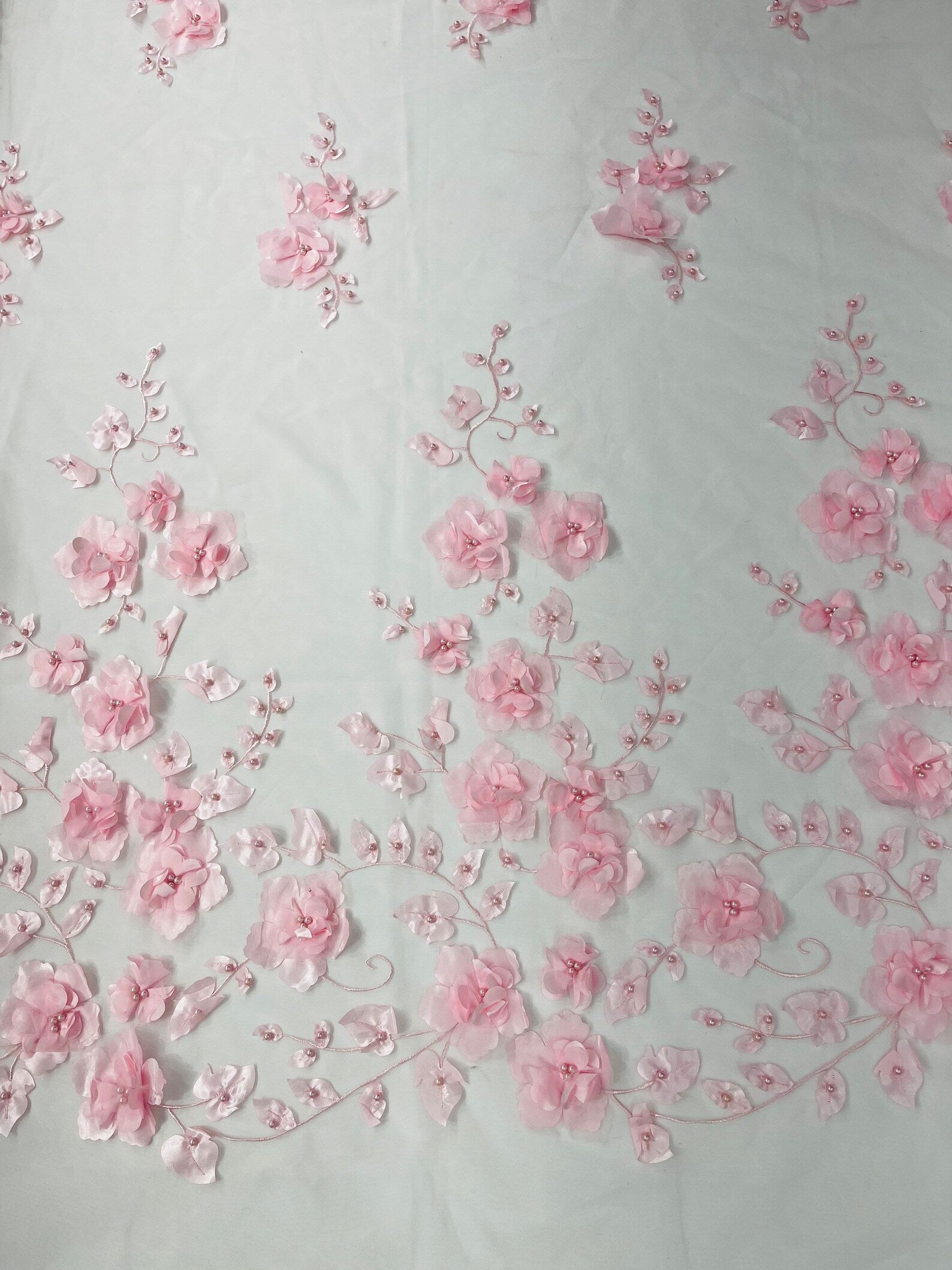 PINK  - 3D Floral Design Embroider and Beaded With Rhinestones On a Mesh Lace. Sold By The Yard. - For Bridal Weddings Prom & Quinceanera