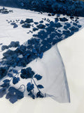 NAVY BLUE  - 3D Floral Design Embroider and Beaded With Rhinestones On a Mesh Lace. Sold By The Yard. - For Bridal Weddings Prom & Quinceanera