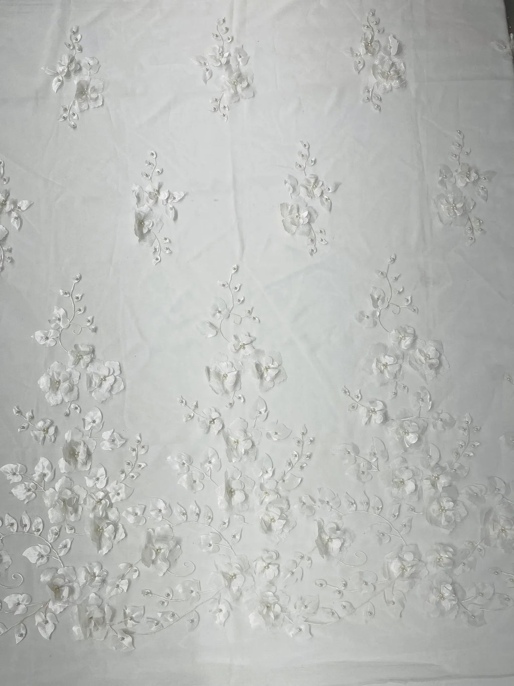 IVORY  - 3D Floral Design Embroider and Beaded With Rhinestones On a Mesh Lace. Sold By The Yard. - For Bridal Weddings Prom & Quinceanera