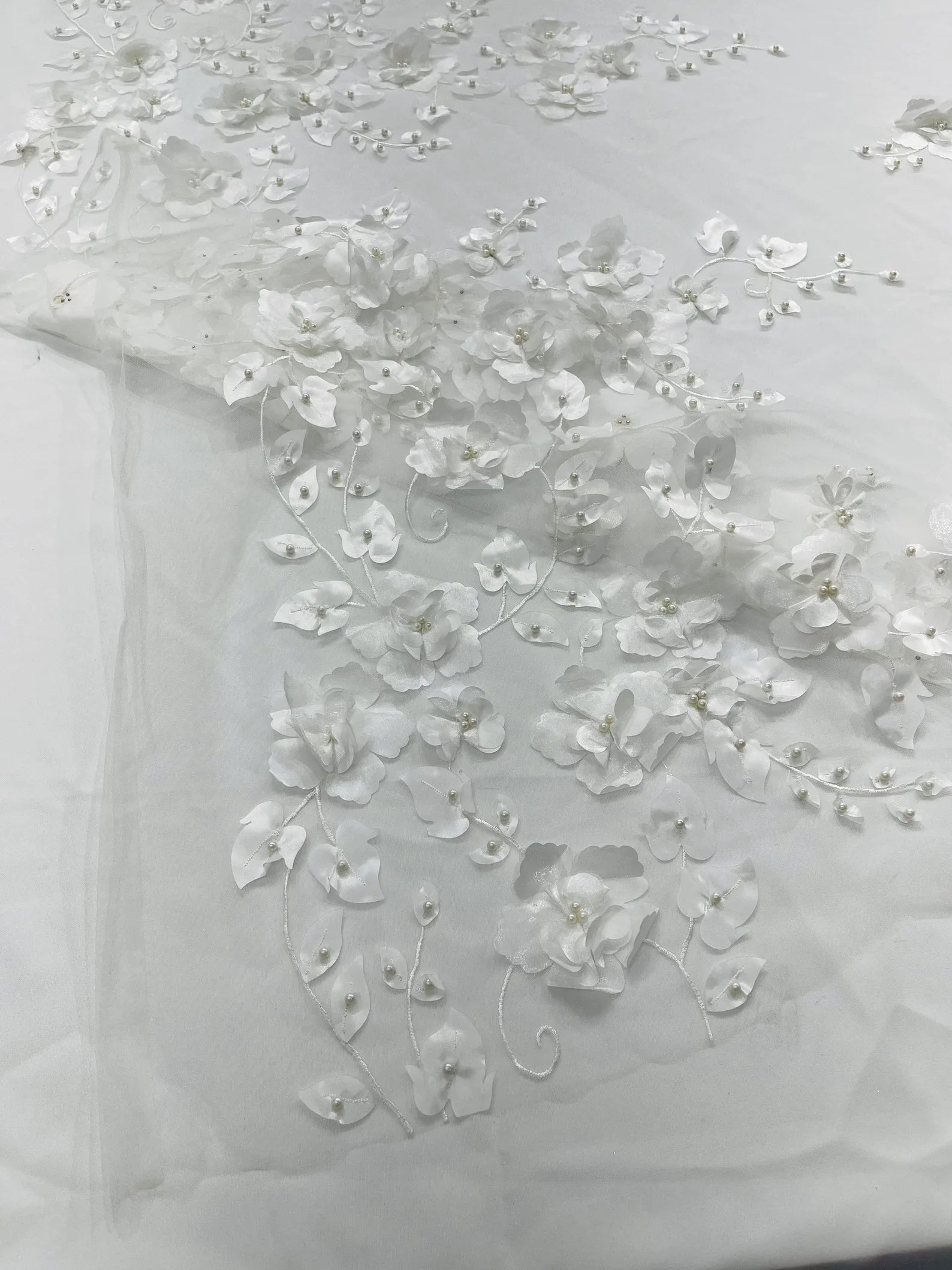 IVORY  - 3D Floral Design Embroider and Beaded With Rhinestones On a Mesh Lace. Sold By The Yard. - For Bridal Weddings Prom & Quinceanera