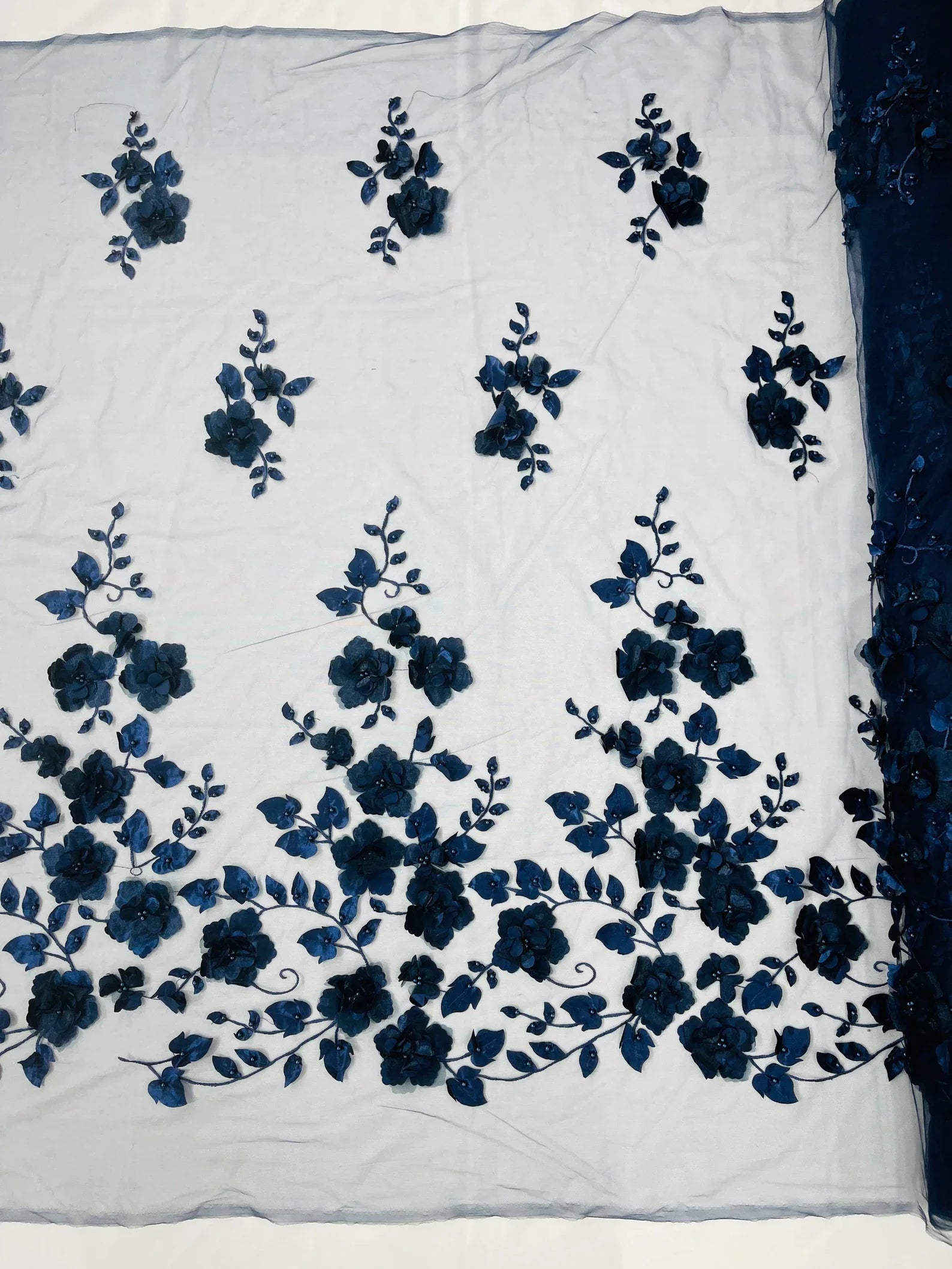 NAVY BLUE  - 3D Floral Design Embroider and Beaded With Rhinestones On a Mesh Lace. Sold By The Yard. - For Bridal Weddings Prom & Quinceanera