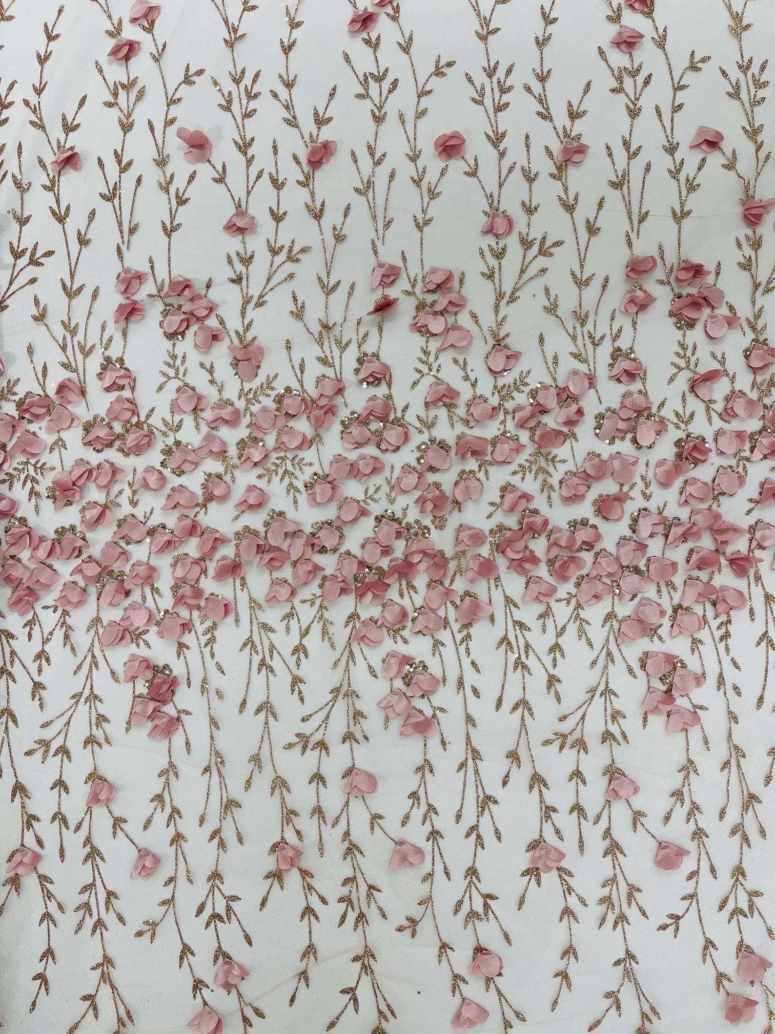 BLUSH PINK - 3D Floral Design Embroider and Beaded With Rhinestones On a Mesh Lace. Sold By The Yard. - For Bridal Weddings Prom & Quinceanera