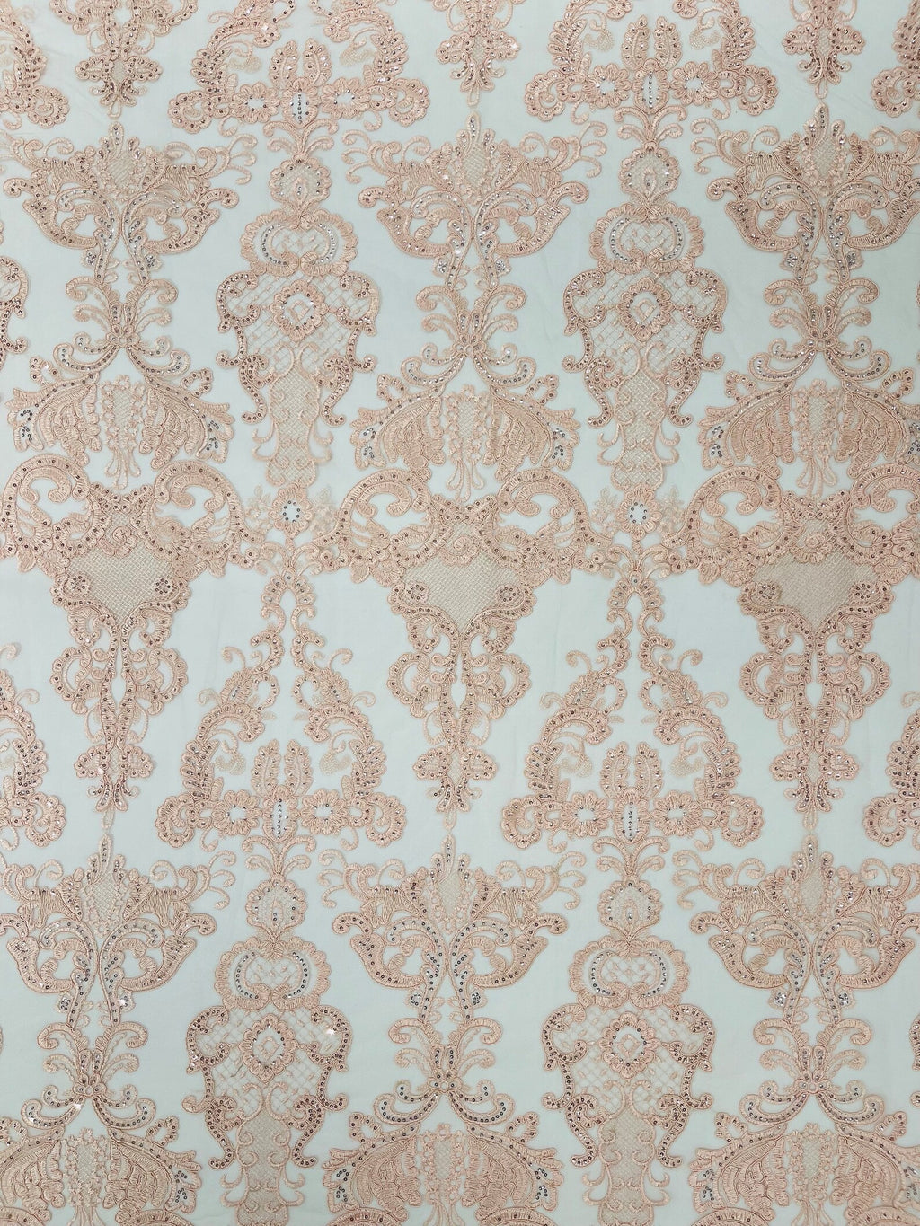 Embroidery Damask Design With Sequins On A Mesh Lace Fabric By Yard. Blush Pink