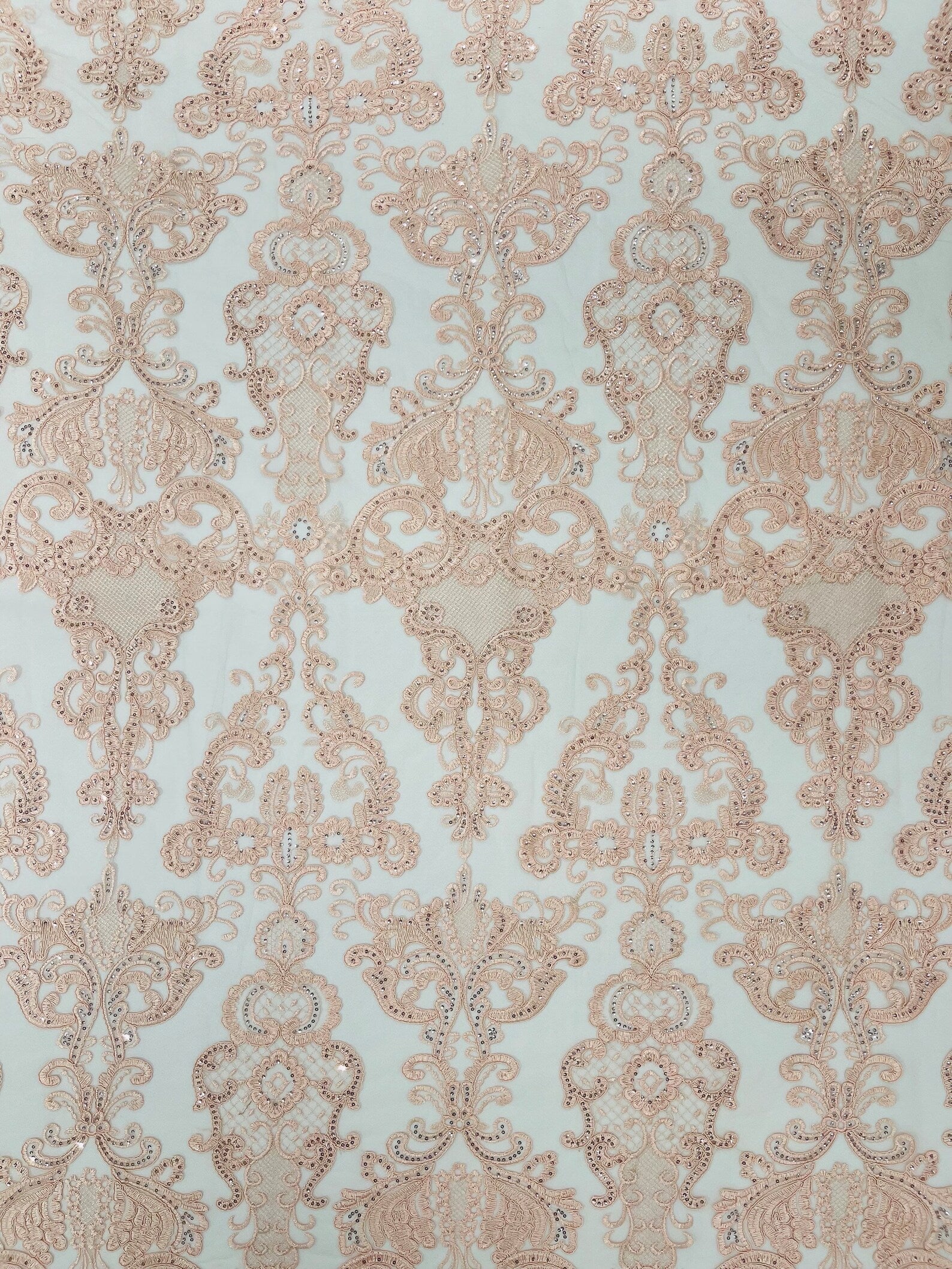 Embroidery Damask Design With Sequins On A Mesh Lace Fabric By Yard. Blush Pink