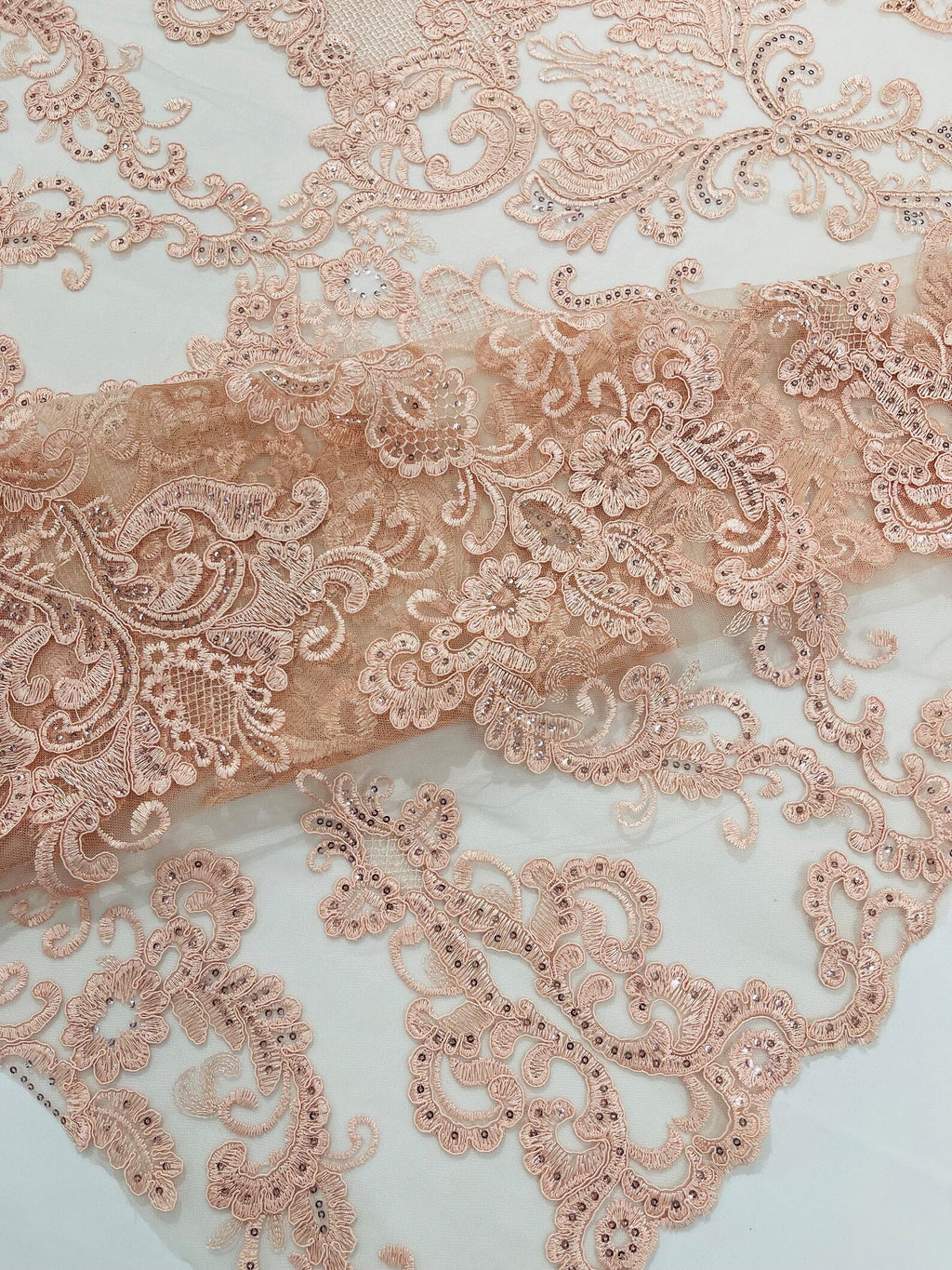Embroidery Damask Design With Sequins On A Mesh Lace Fabric By Yard. Blush Pink