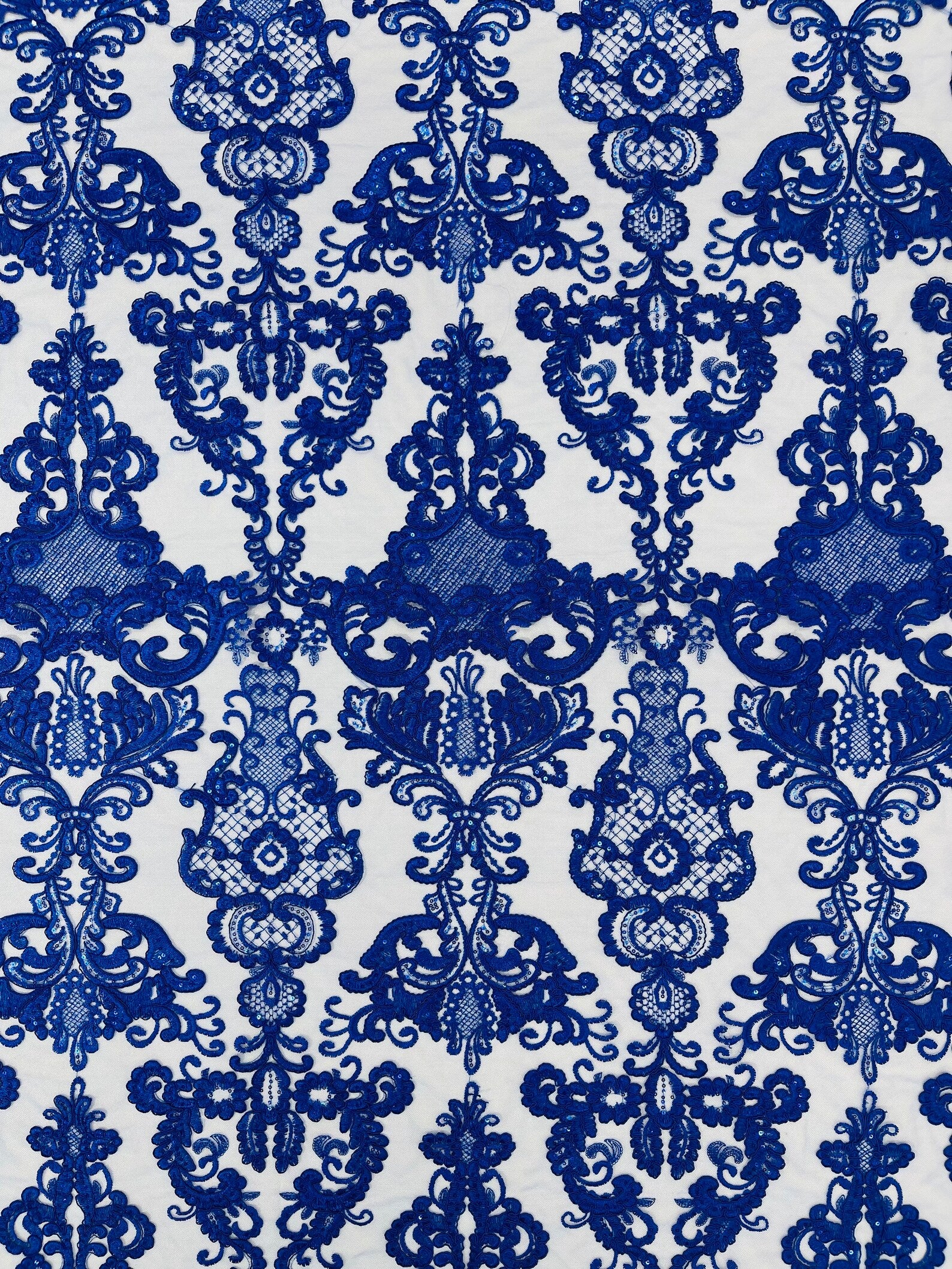 Embroidery Damask Design With Sequins On A Mesh Lace Fabric By Yard. Royal Blue