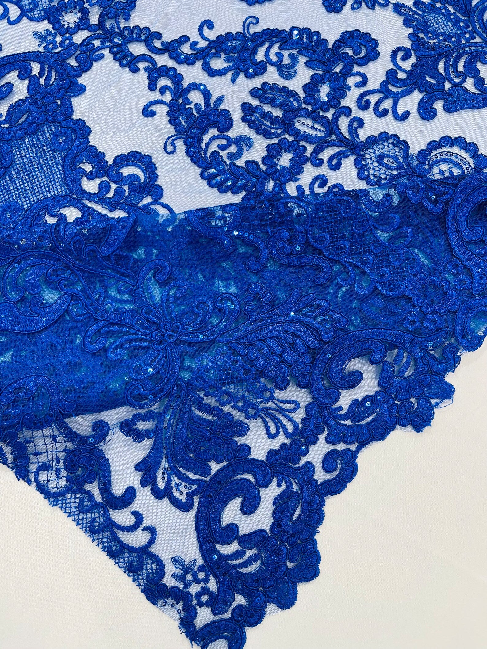 Embroidery Damask Design With Sequins On A Mesh Lace Fabric By Yard. Royal Blue