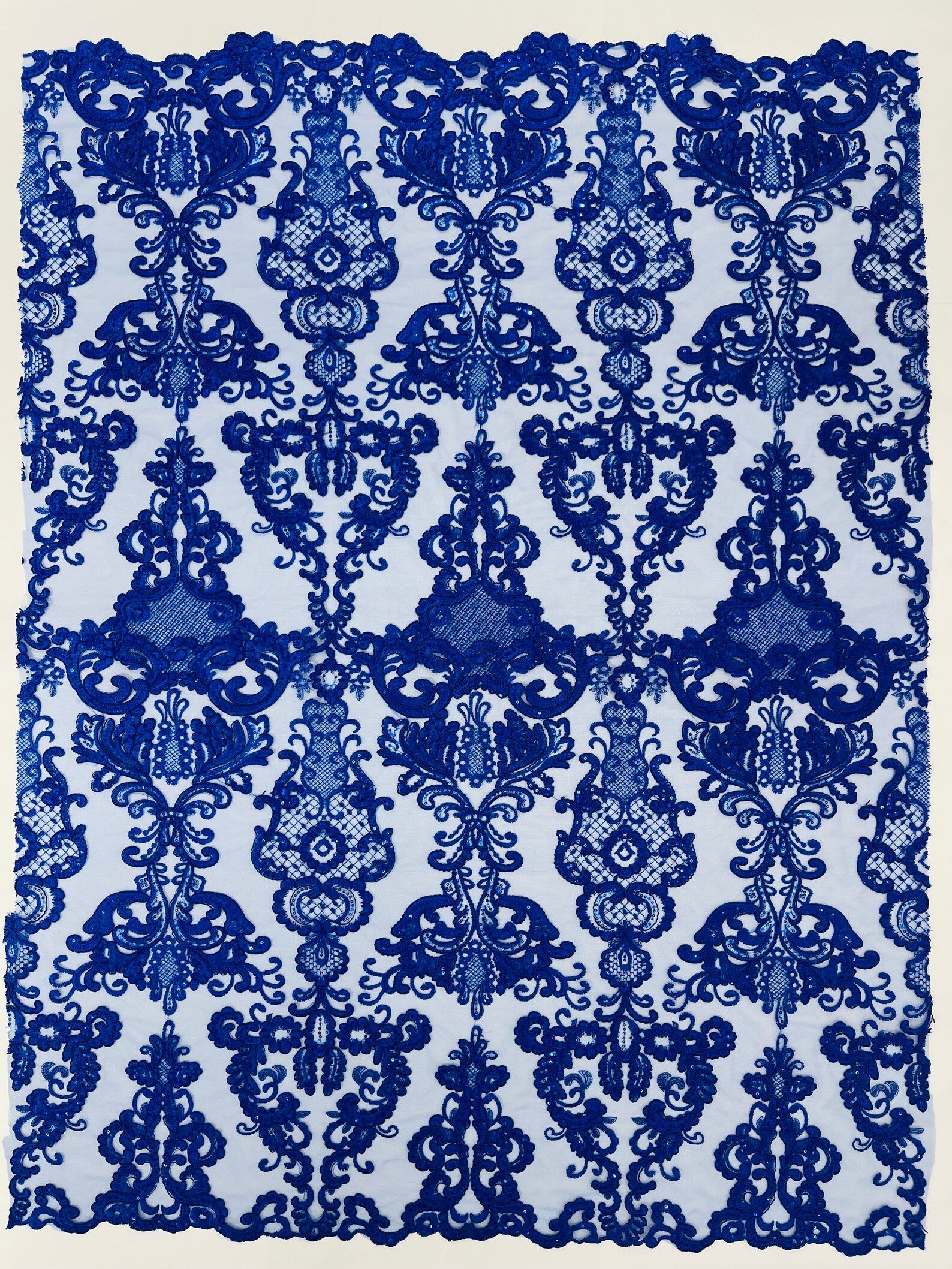 Embroidery Damask Design With Sequins On A Mesh Lace Fabric By Yard. Royal Blue