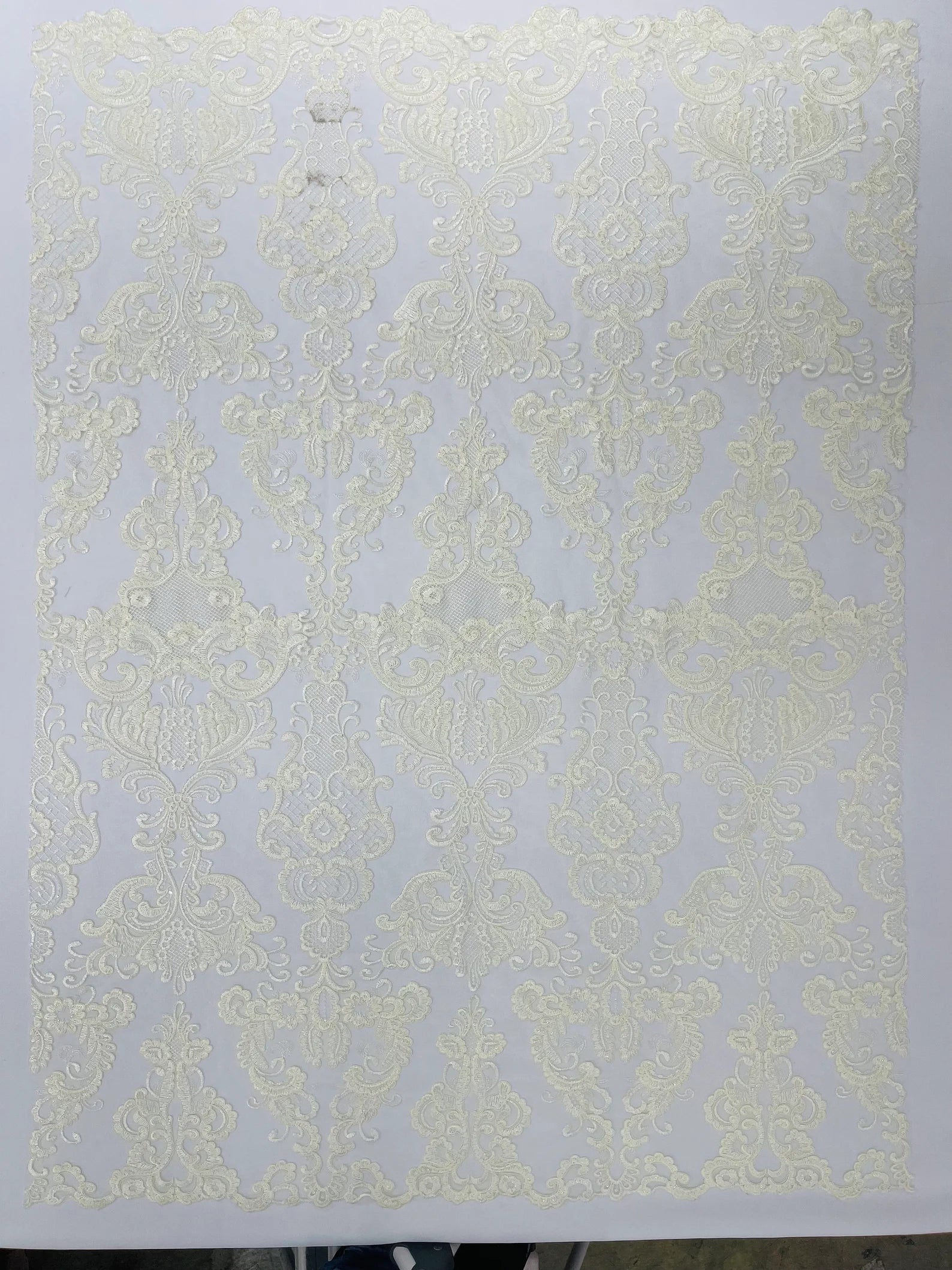 Embroidery Damask Design With Sequins On A Mesh Lace Fabric By Yard. Ivory