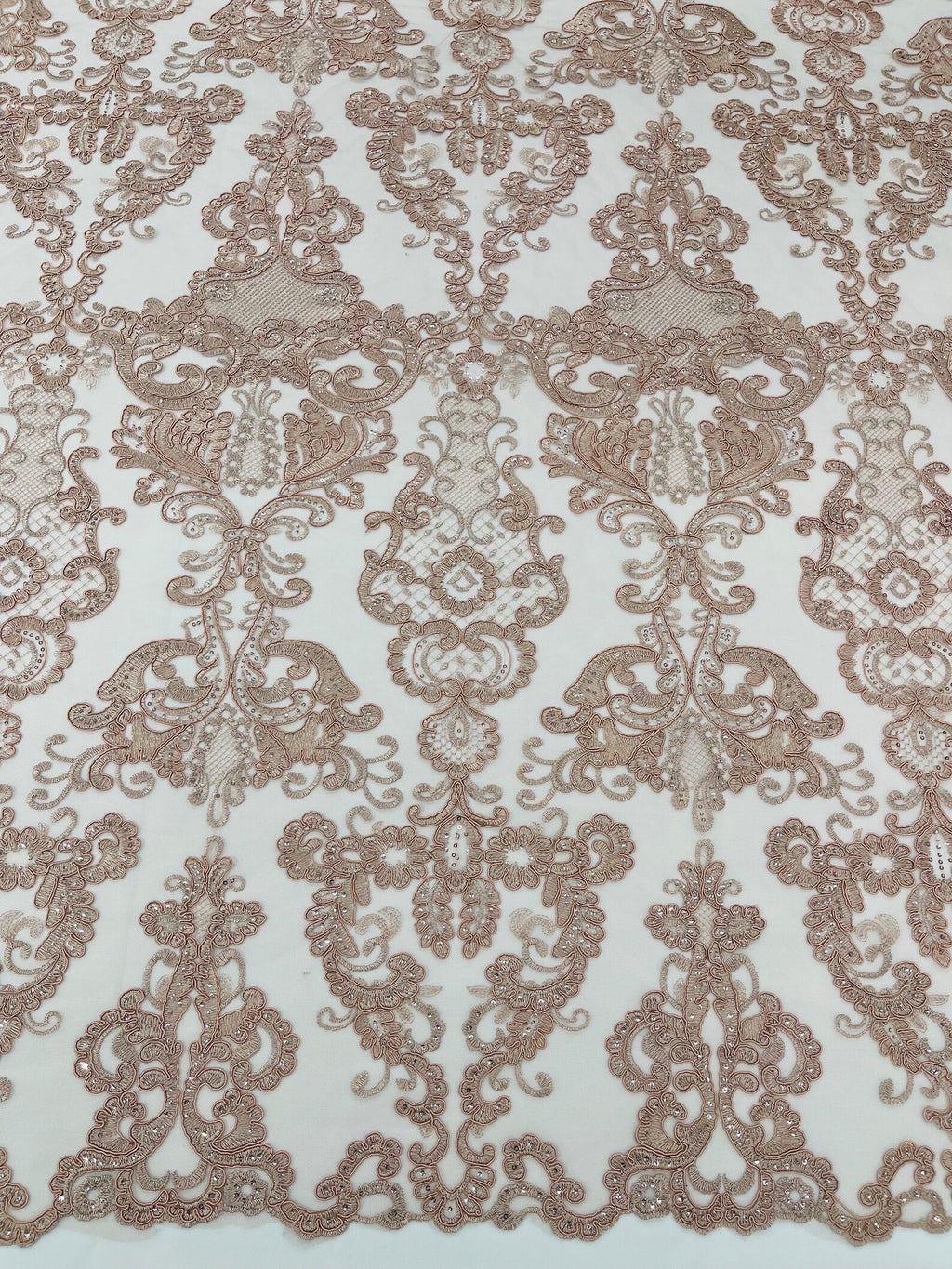 Embroidery Damask Design With Sequins On A Mesh Lace Fabric By Yard. Dusty Rose