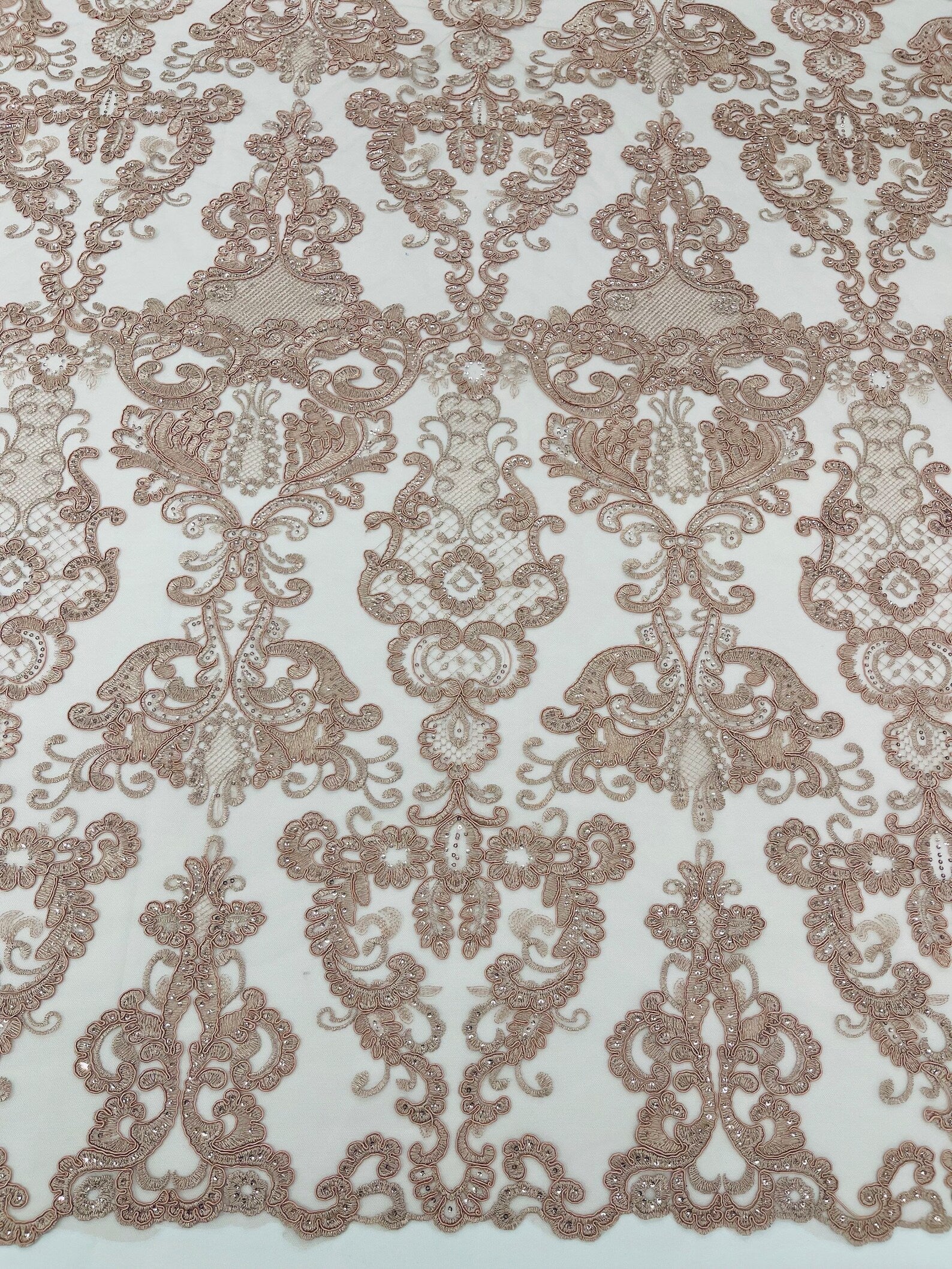 Embroidery Damask Design With Sequins On A Mesh Lace Fabric By Yard. Dusty Rose