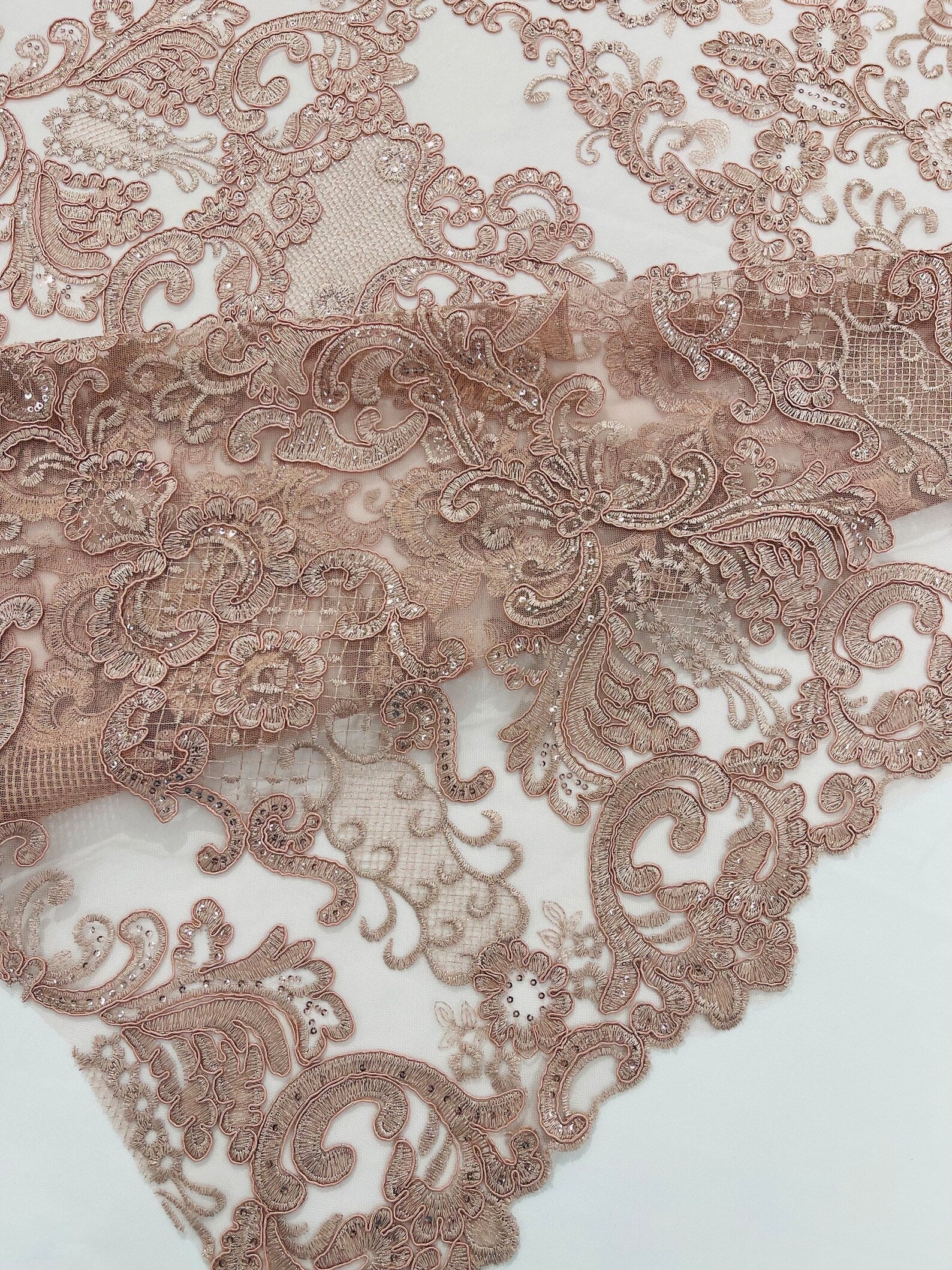 Embroidery Damask Design With Sequins On A Mesh Lace Fabric By Yard. Dusty Rose