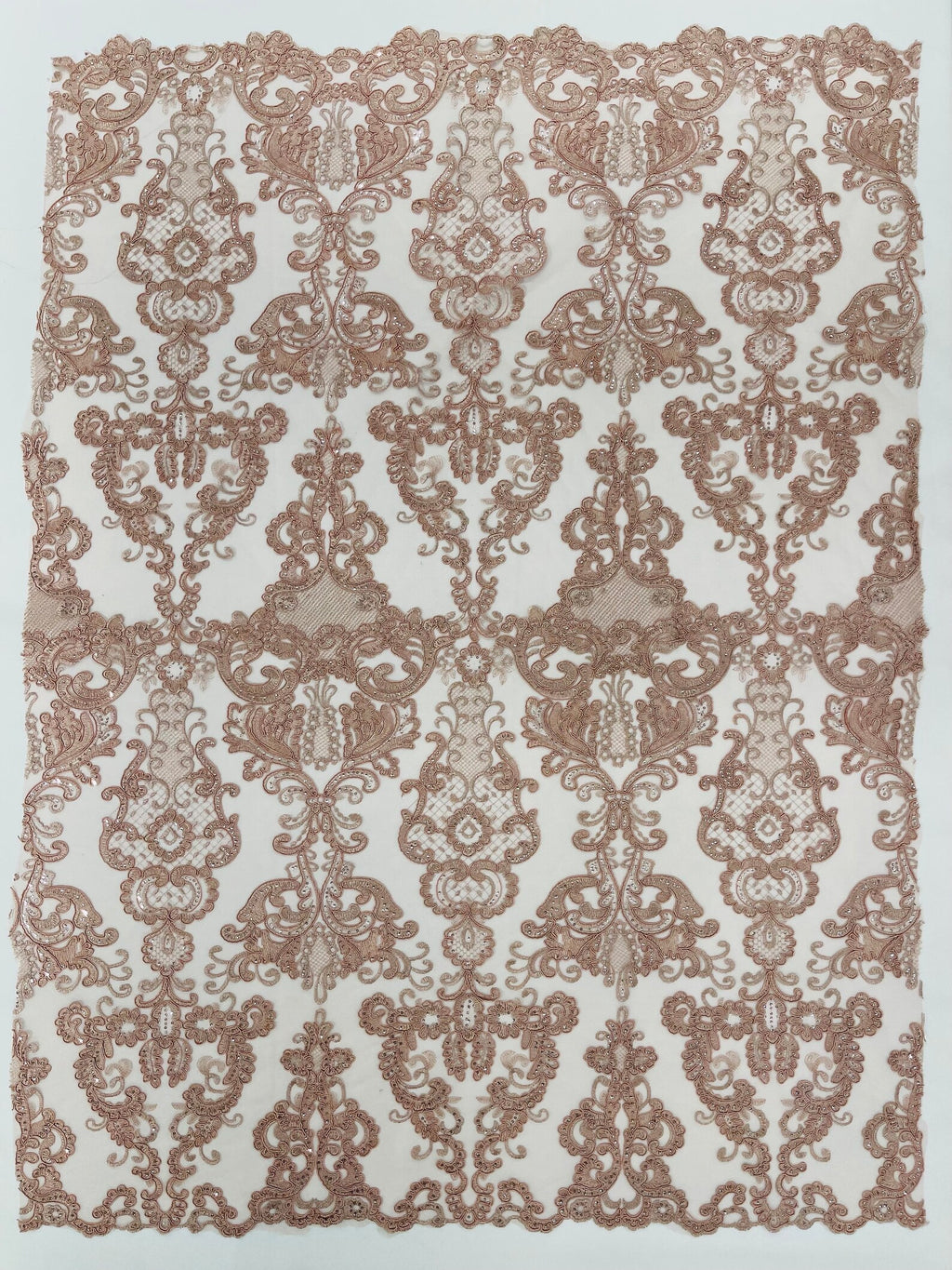 Embroidery Damask Design With Sequins On A Mesh Lace Fabric By Yard. Dusty Rose