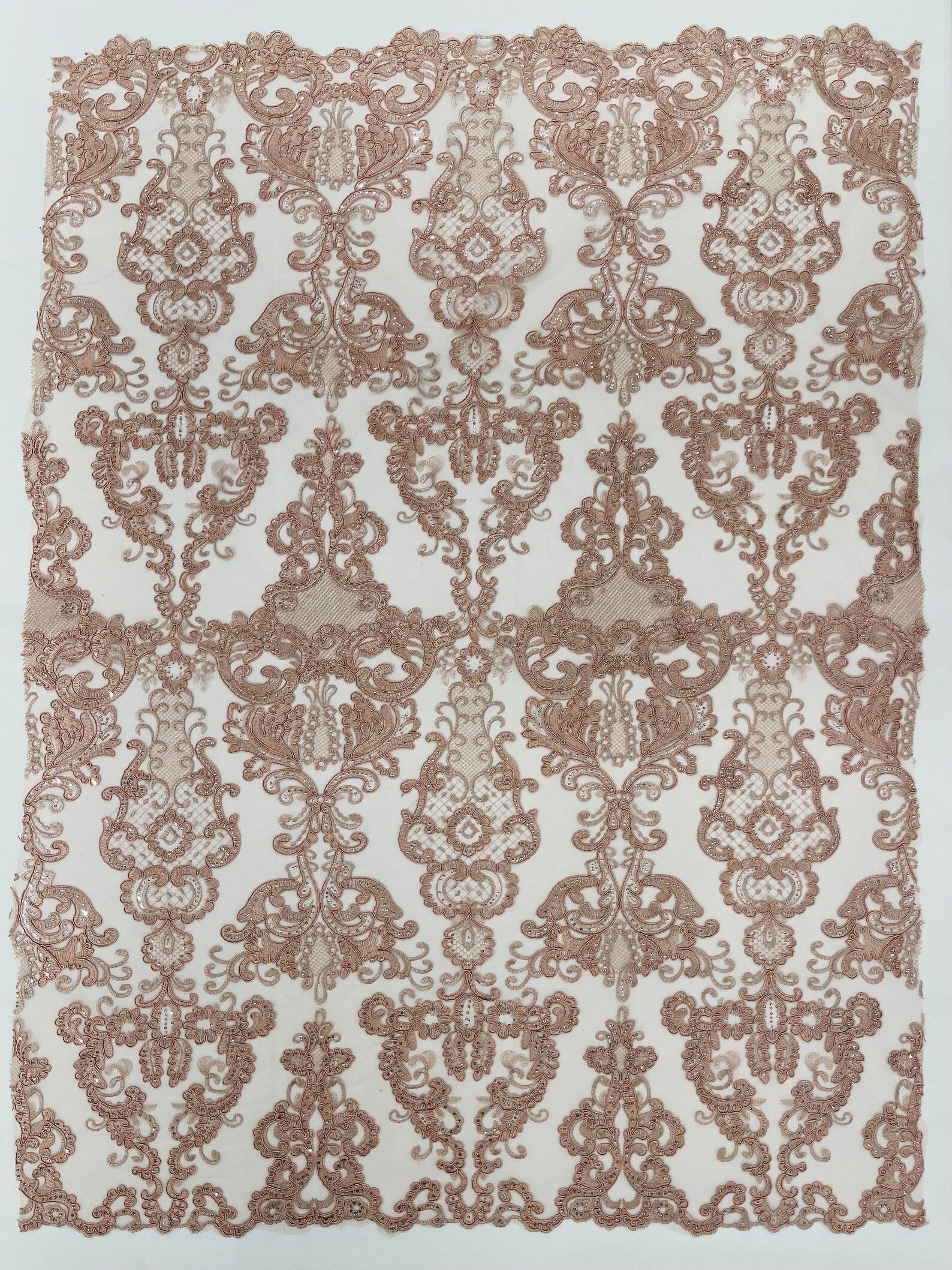 Embroidery Damask Design With Sequins On A Mesh Lace Fabric By Yard. Dusty Rose