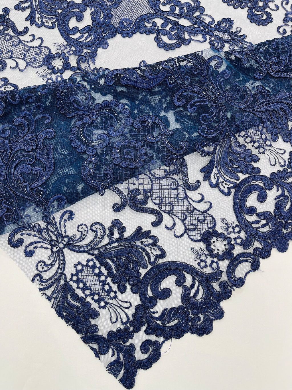 Embroidery Damask Design With Sequins On A Mesh Lace Fabric By Yard. Navy
