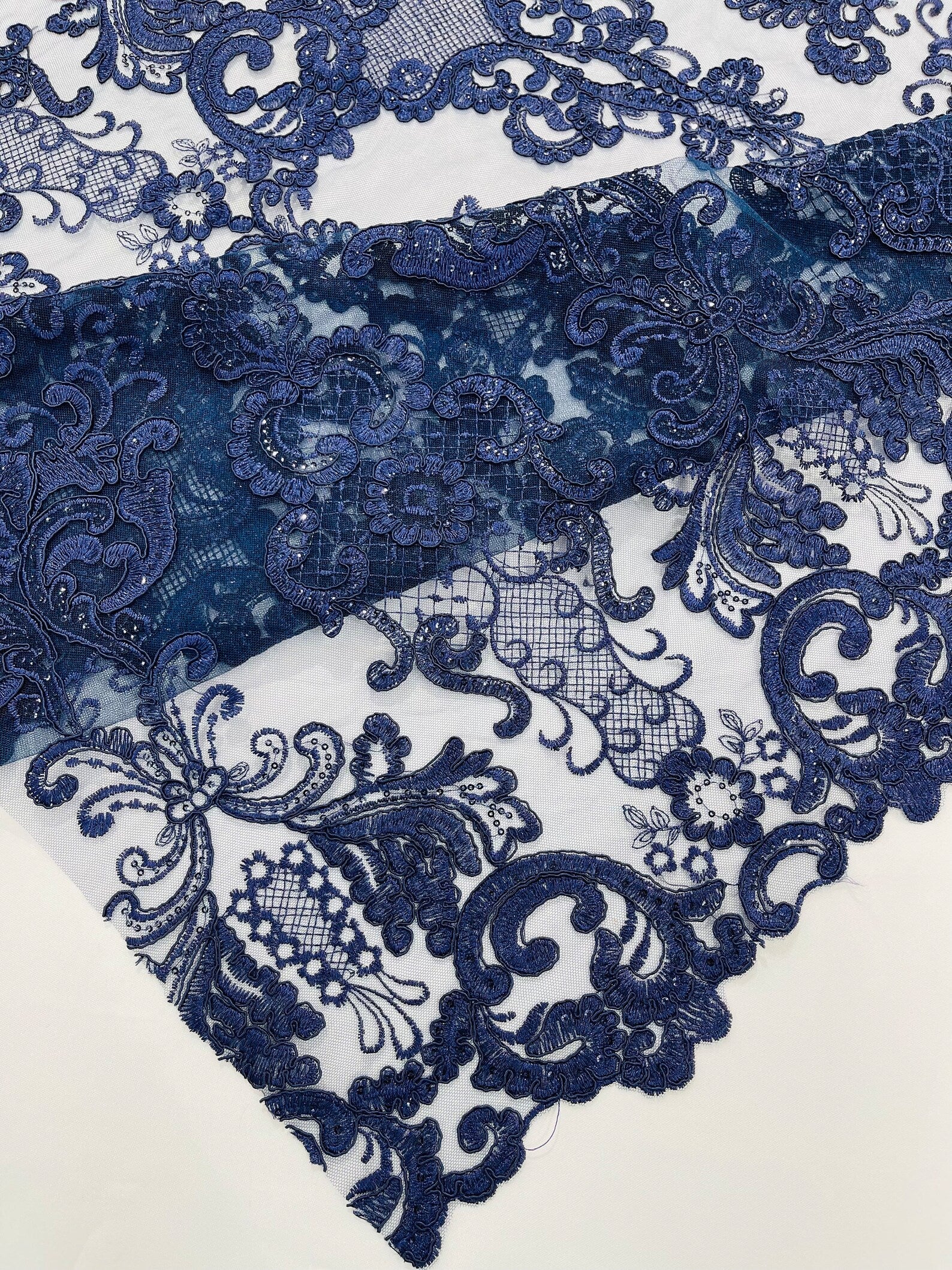 Embroidery Damask Design With Sequins On A Mesh Lace Fabric By Yard. Navy