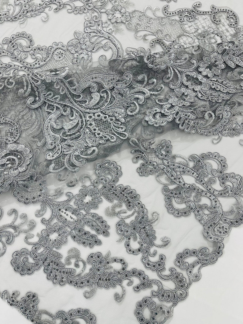 Embroidery Damask Design With Sequins On A Mesh Lace Fabric By Yard. Silver