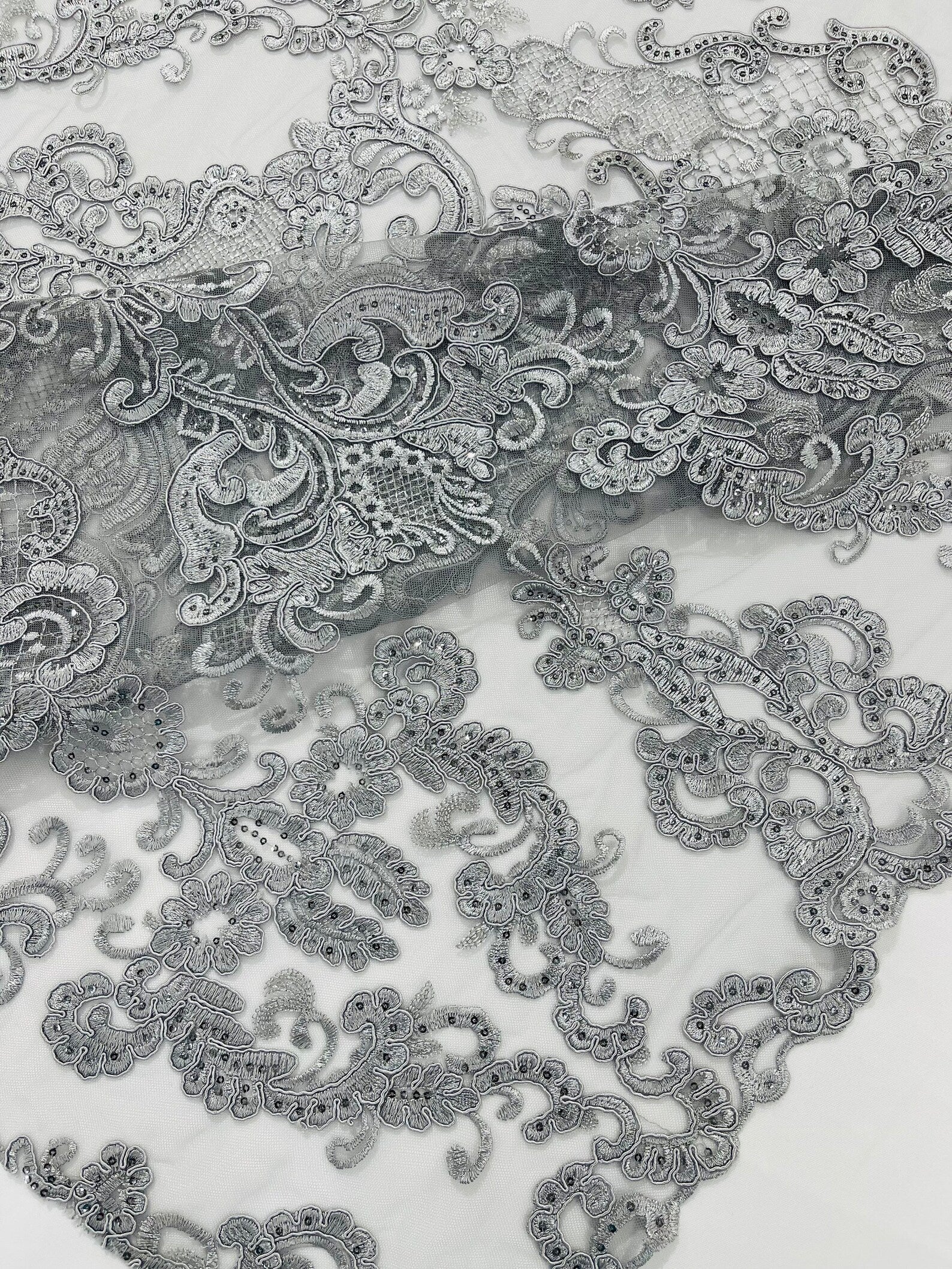 Embroidery Damask Design With Sequins On A Mesh Lace Fabric By Yard. Silver