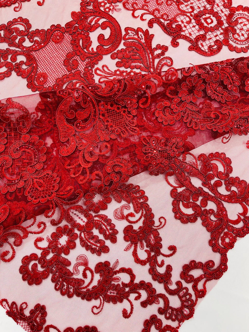 Embroidery Damask Design With Sequins On A Mesh Lace Fabric By Yard. Burgundy