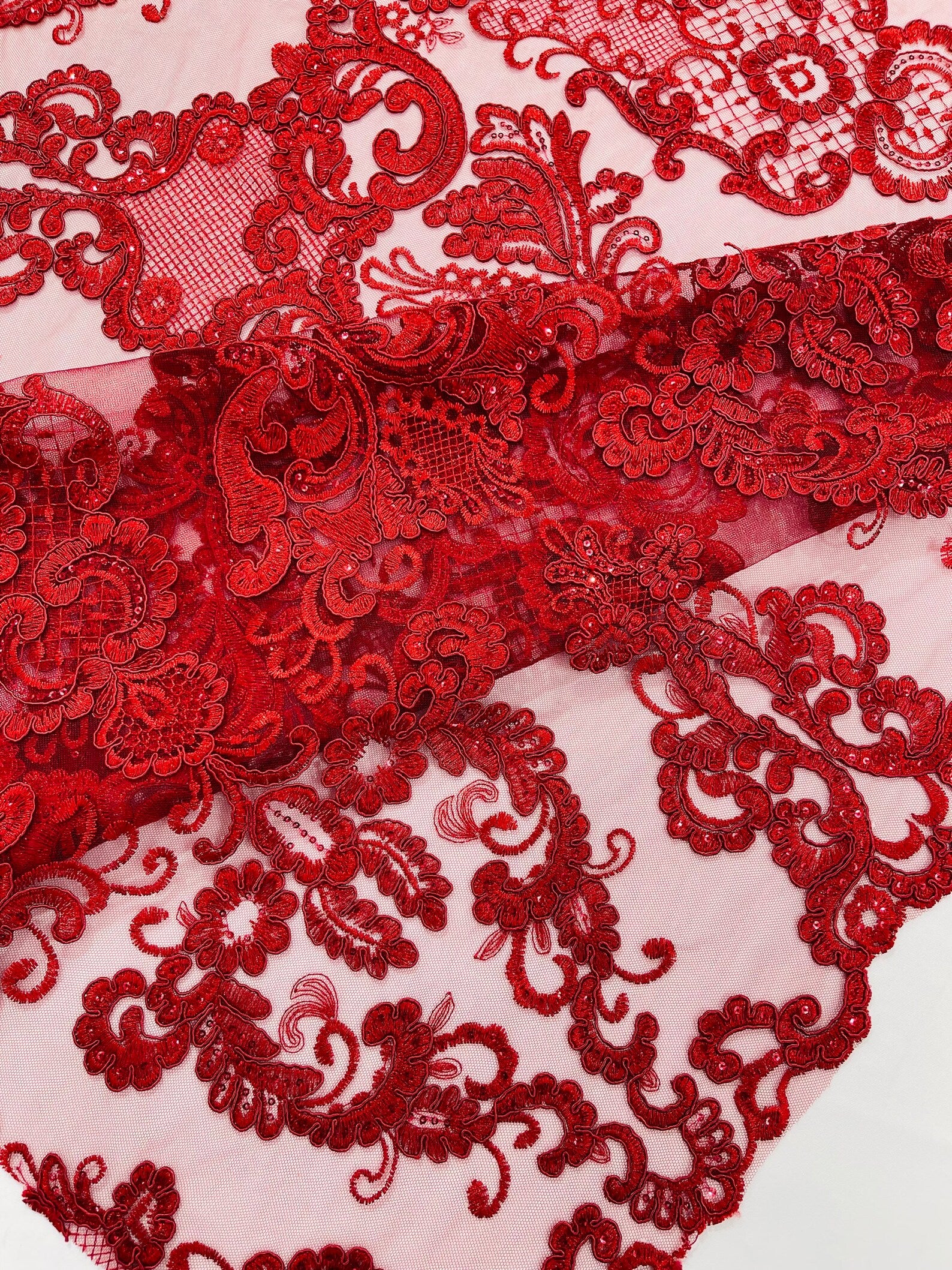 Embroidery Damask Design With Sequins On A Mesh Lace Fabric By Yard. Burgundy