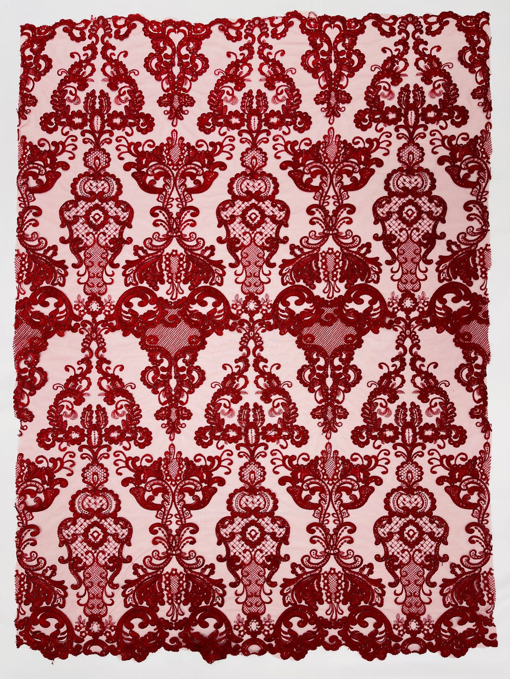 Embroidery Damask Design With Sequins On A Mesh Lace Fabric By Yard. Burgundy