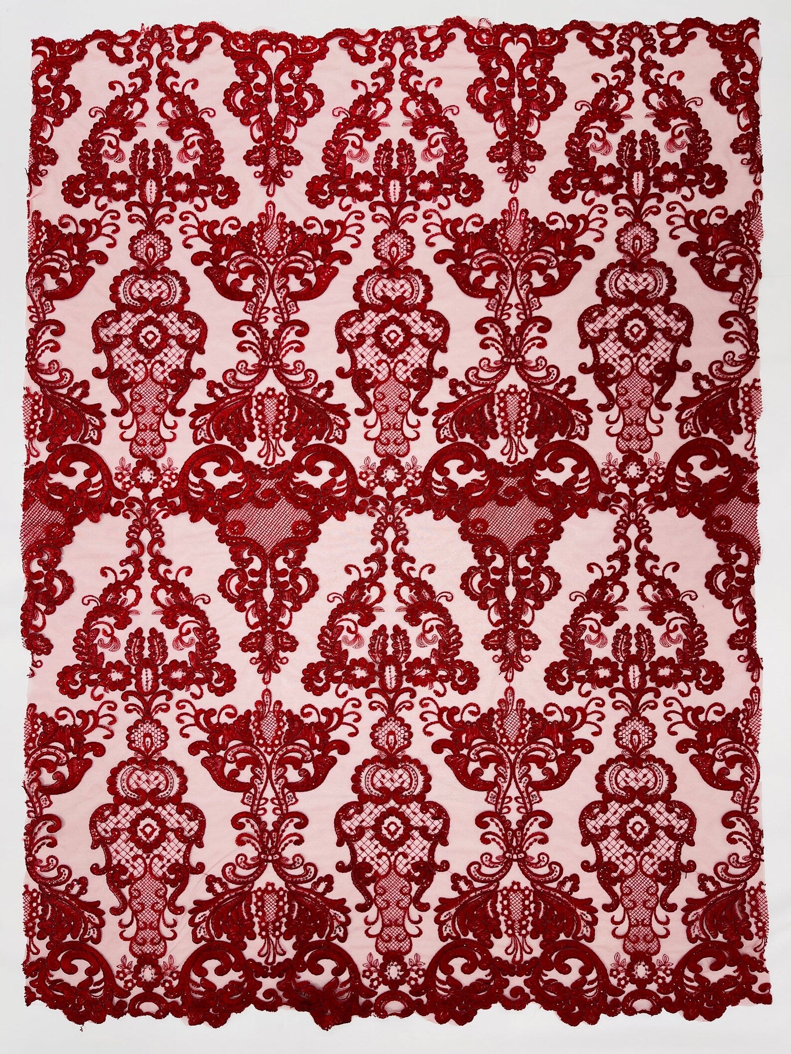 Embroidery Damask Design With Sequins On A Mesh Lace Fabric By Yard. Burgundy