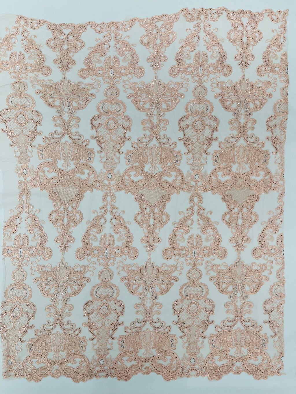 Embroidery Damask Design With Sequins On A Mesh Lace Fabric By Yard. Blush Pink