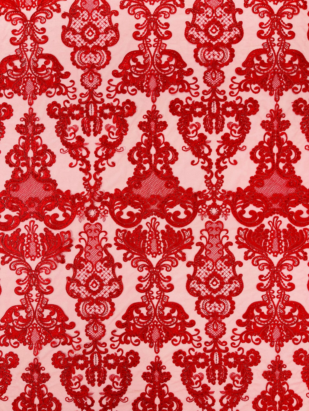 Embroidery Damask Design With Sequins On A Mesh Lace Fabric By Yard. Red