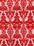 Embroidery Damask Design With Sequins On A Mesh Lace Fabric By Yard. Red