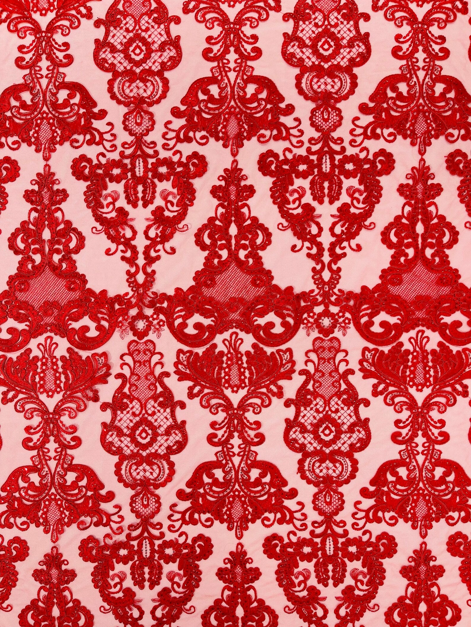Embroidery Damask Design With Sequins On A Mesh Lace Fabric By Yard. Red