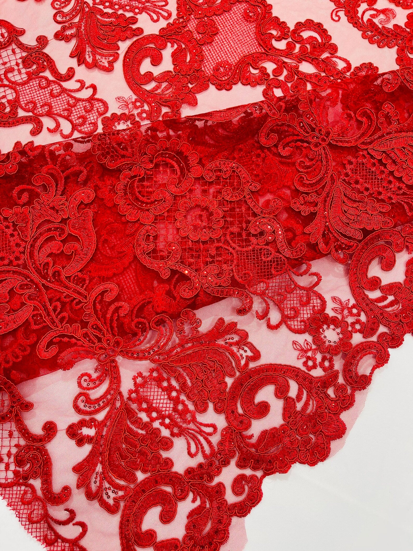 Embroidery Damask Design With Sequins On A Mesh Lace Fabric By Yard. Red