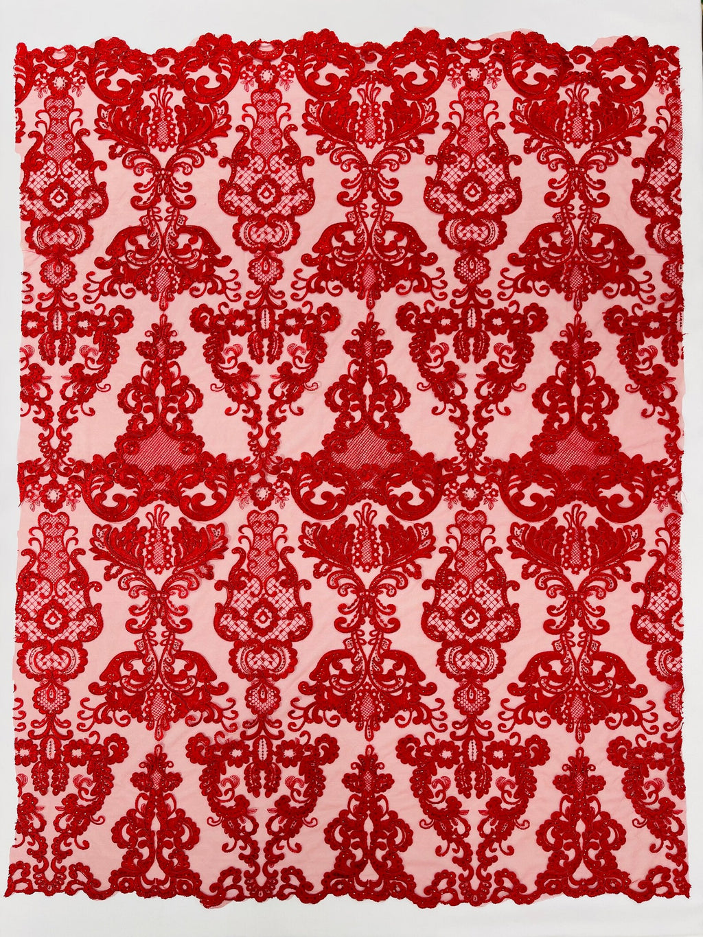 Embroidery Damask Design With Sequins On A Mesh Lace Fabric By Yard. Red