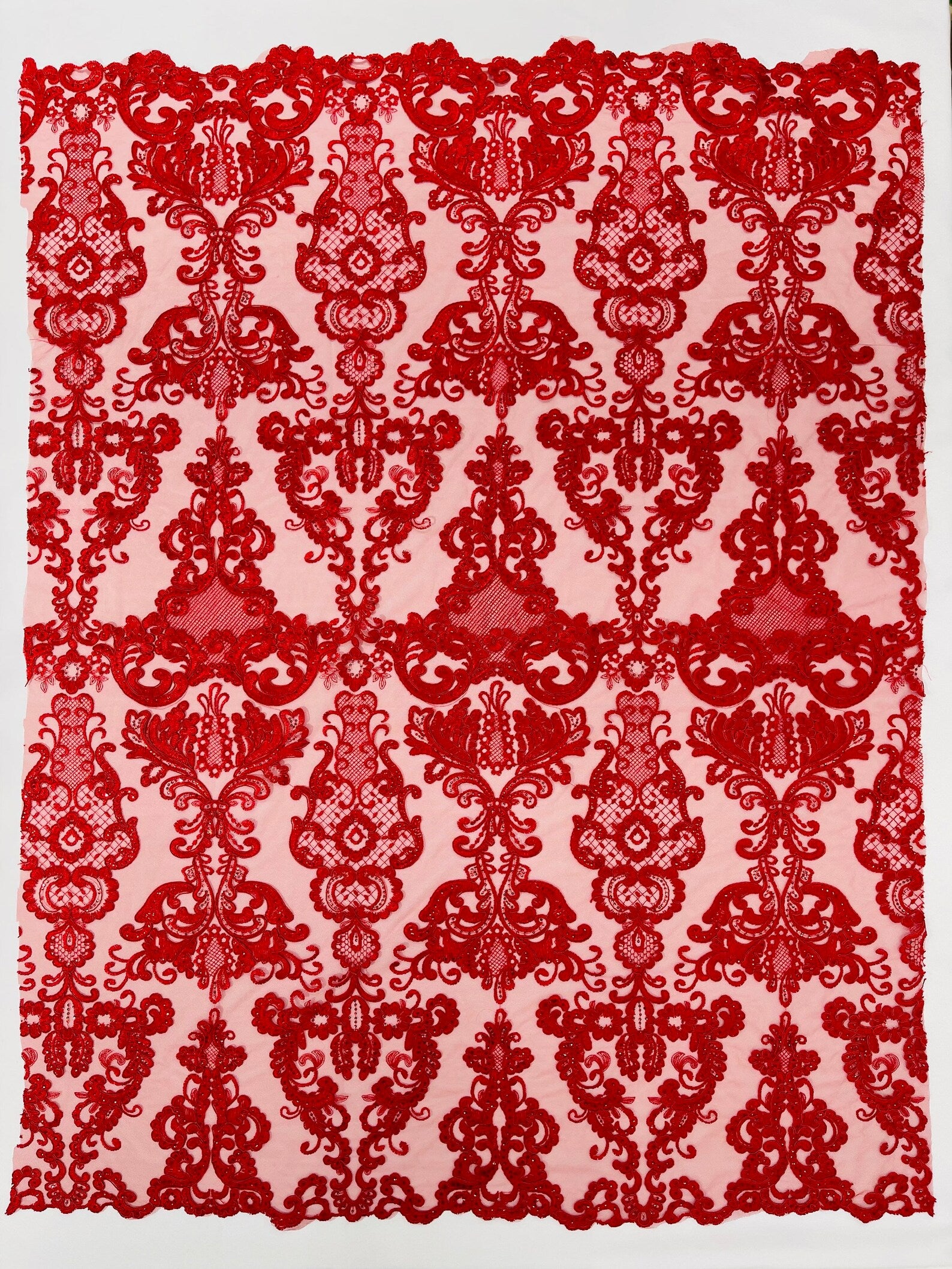 Embroidery Damask Design With Sequins On A Mesh Lace Fabric By Yard. Red