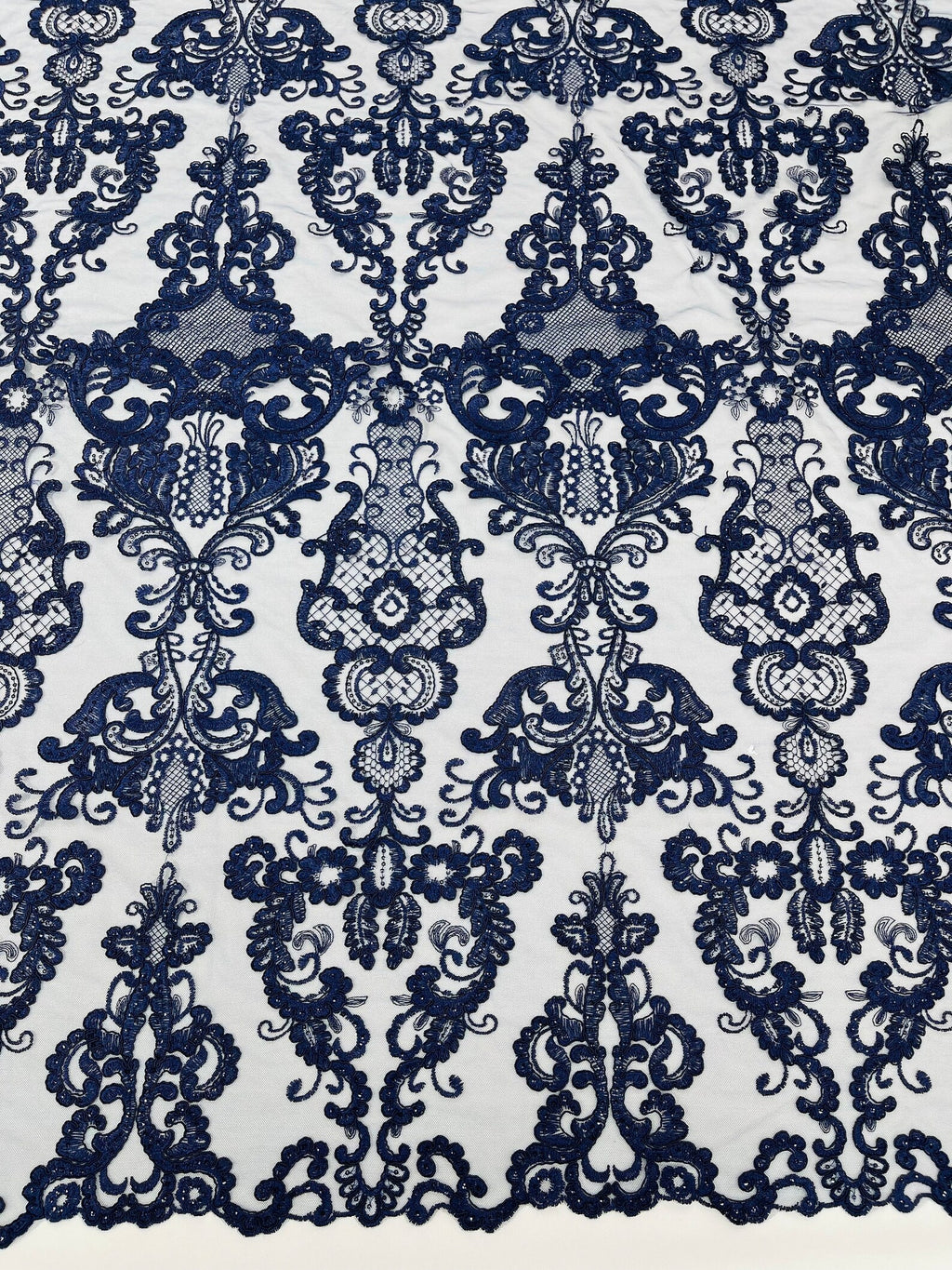 Embroidery Damask Design With Sequins On A Mesh Lace Fabric By Yard. Navy