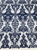 Embroidery Damask Design With Sequins On A Mesh Lace Fabric By Yard. Navy