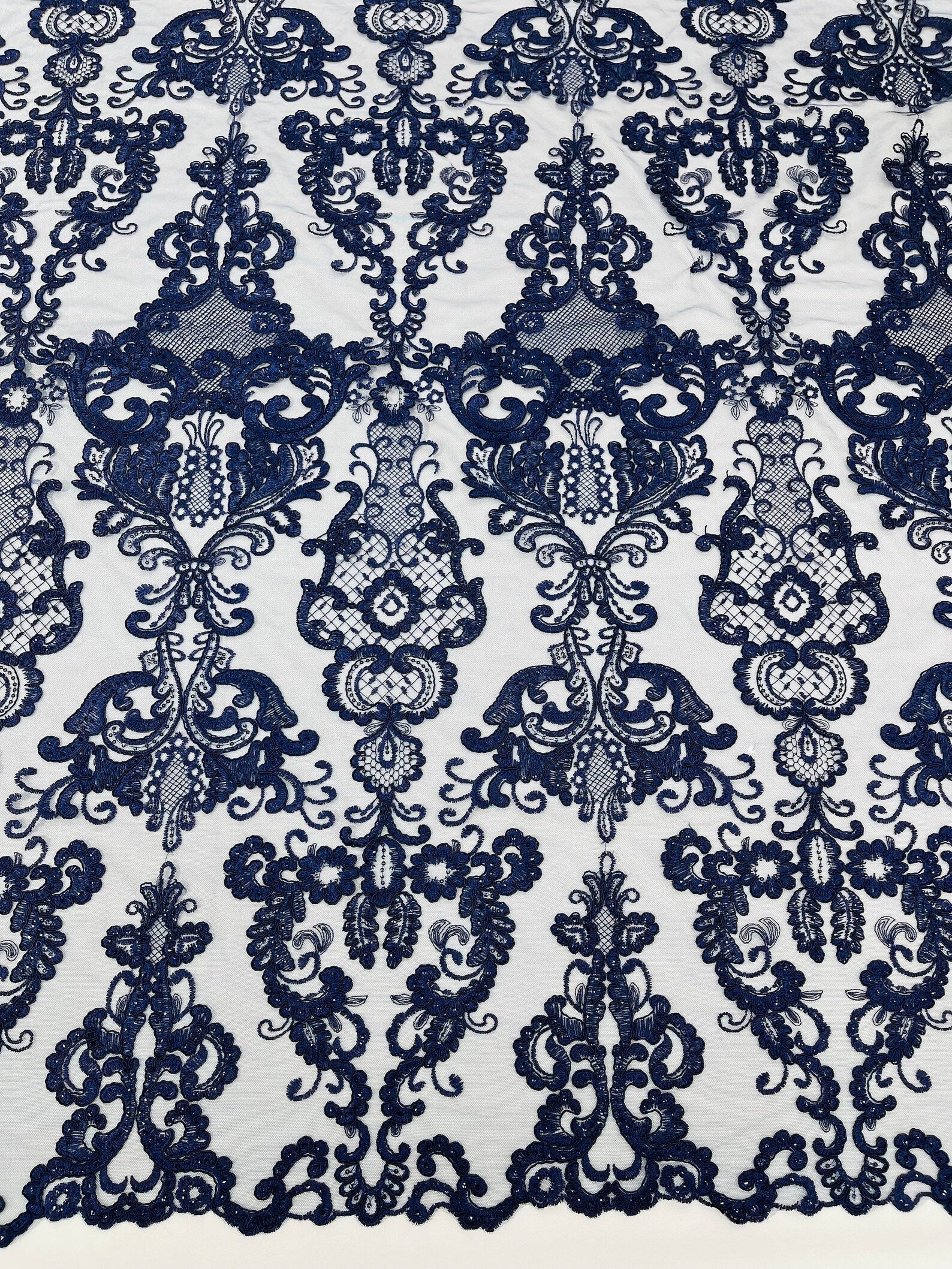 Embroidery Damask Design With Sequins On A Mesh Lace Fabric By Yard. Navy