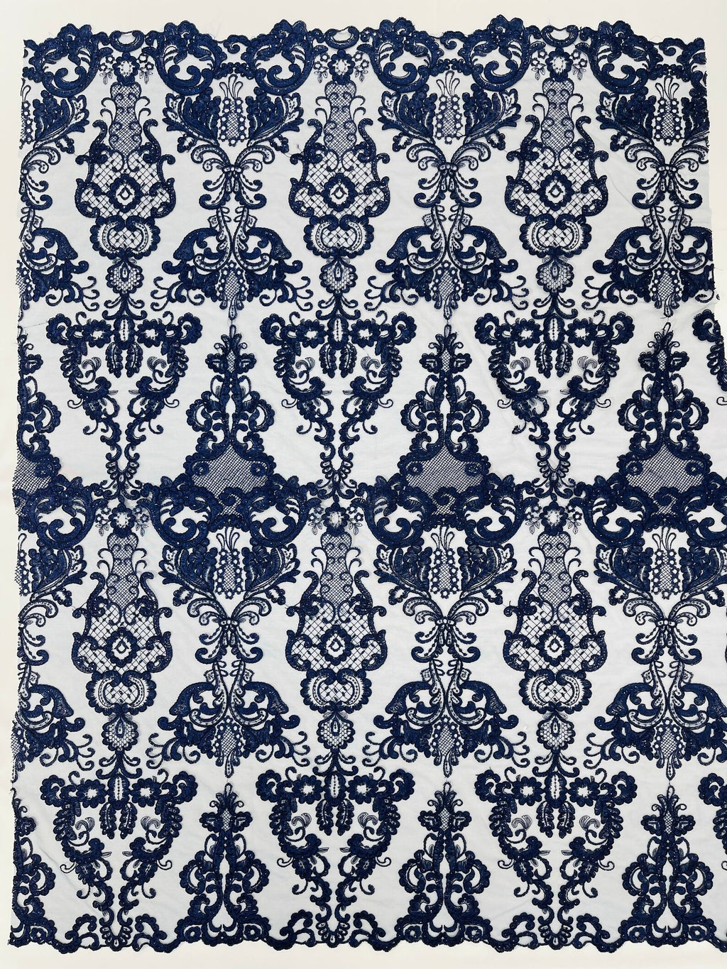 Embroidery Damask Design With Sequins On A Mesh Lace Fabric By Yard. Navy