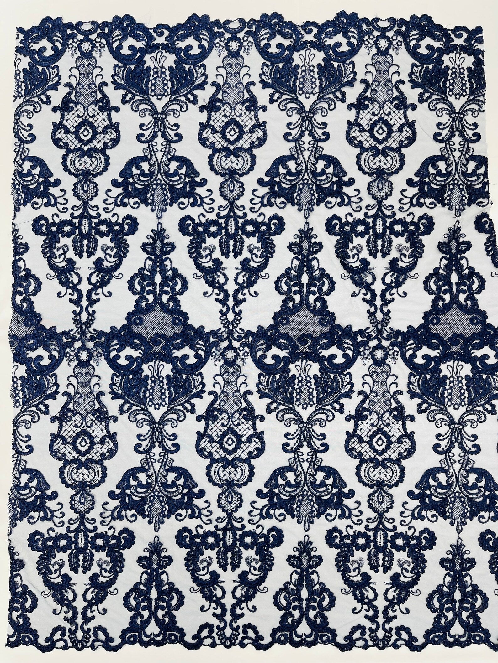 Embroidery Damask Design With Sequins On A Mesh Lace Fabric By Yard. Navy