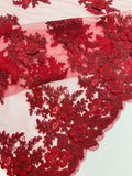 3D - Embroidery Damask Design With Sequins On A Mesh Lace Fabric By Yard. Burgundy